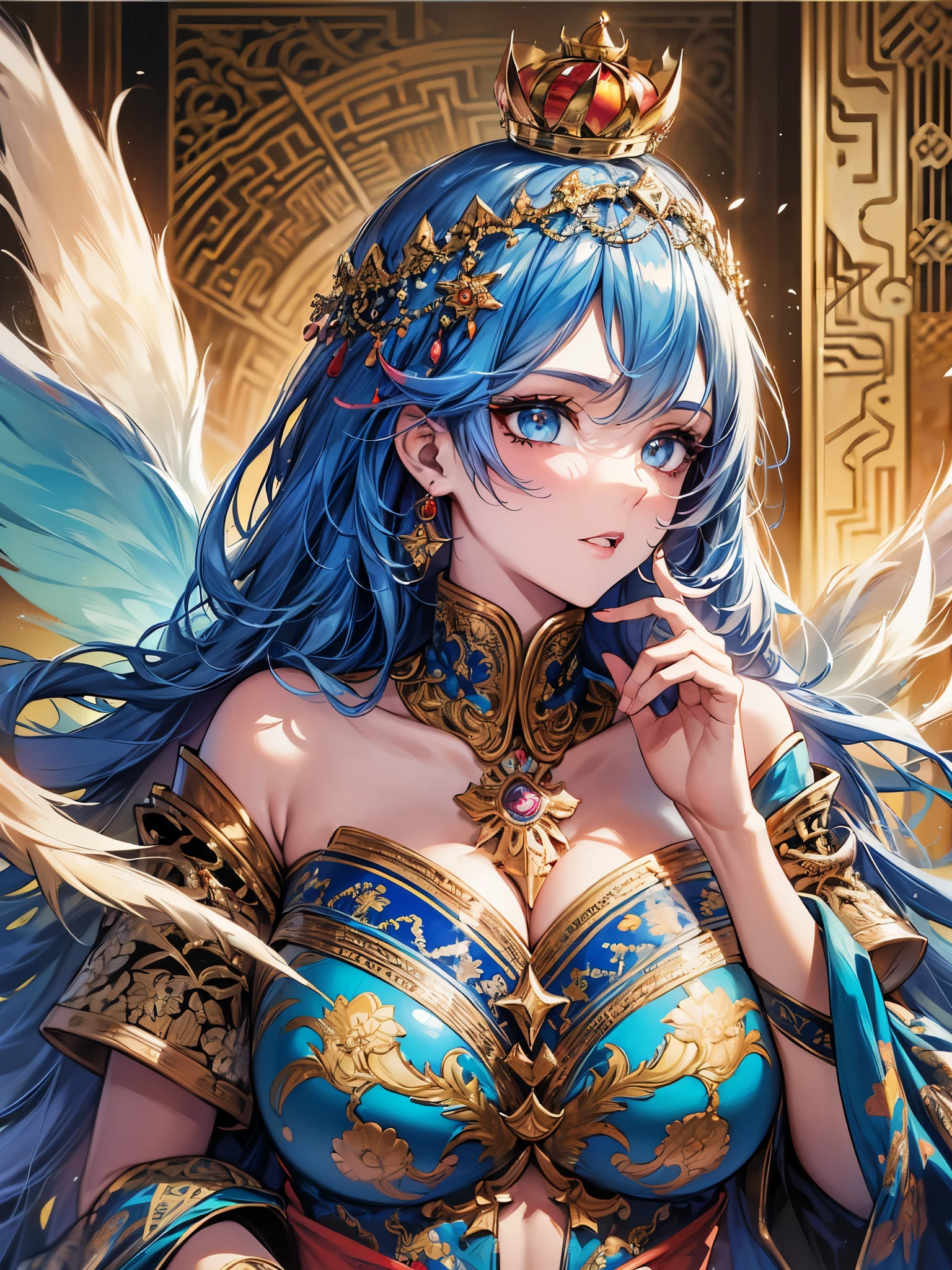 Her flowing cape, a majestic combination, drapes elegantly from her shoulders. It bears the same blue hue as her leggings, with golden trim adding royal touch. The cape billows behind her as she soars, symbolizing dedication to protection