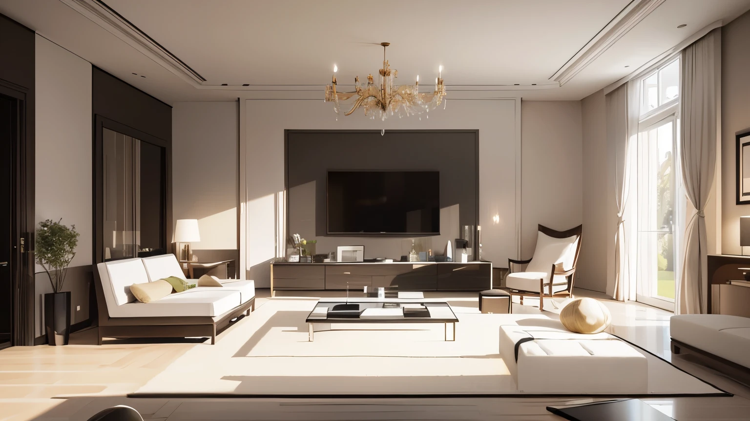 you are a famous interior designer、I was asked to create a 3D image of a large modern room.。. Create a harmonious environment with modern and minimalist furniture. Including garden interior.