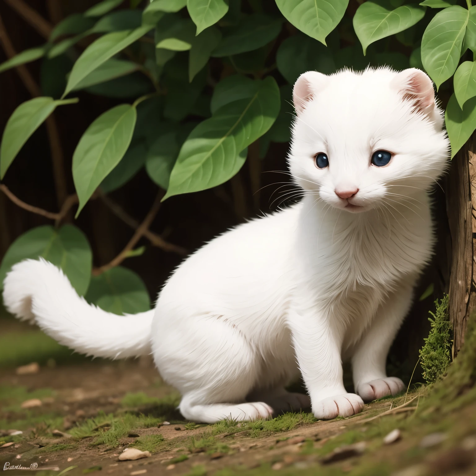 very cute white weasel, pastel colored background