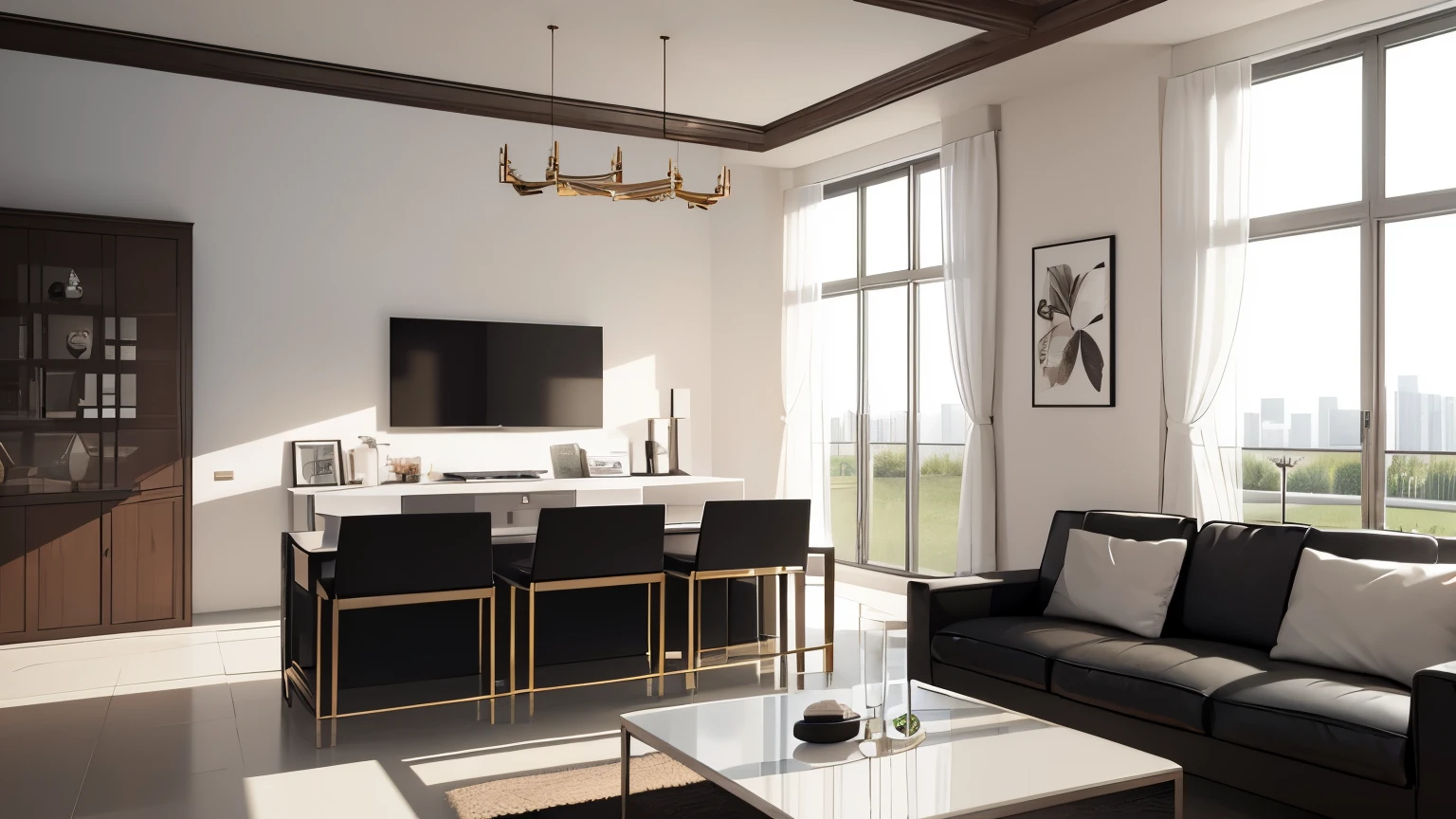 you are a famous interior designer、I was asked to create a 3D image of a large modern room.。. Create a harmonious environment with modern and minimalist furniture. Including garden interior.