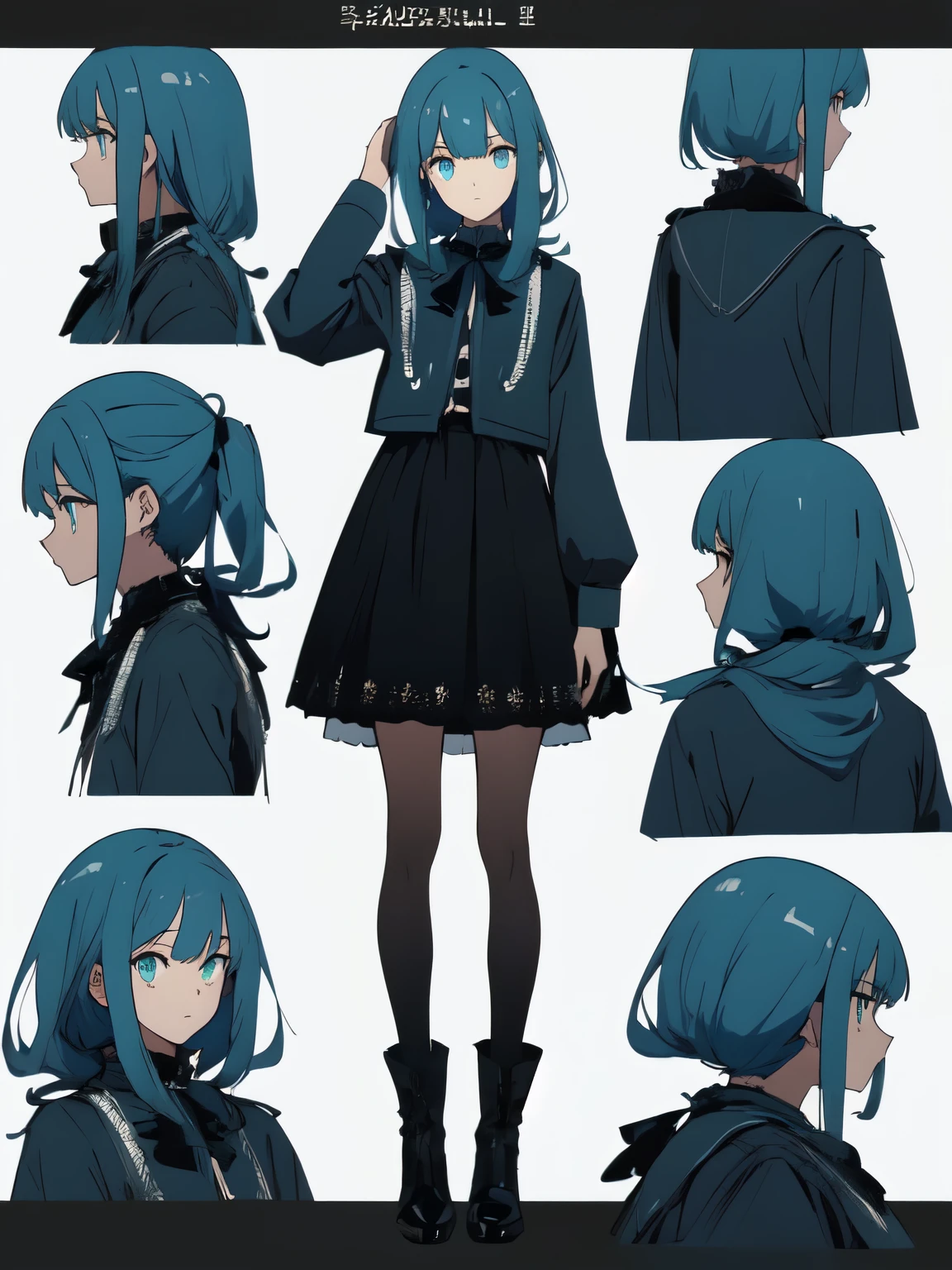 ((masterpiece)), (highest quality、detailed glowing eyes))), (character design sheet, National costume, same character, front, ~ side, return), figure, 1 girl, whole body, light blue hair, shiny hair and skin, beautiful eyes, princess cut, Scene of environmental change, short skirt, Shyness, woman, girl, Are standing, Gothic ta, V tuber, (simple returnground, white returnground: 1.3) ( masterpiece:1.2), (highest quality:1.3)、beautiful anime