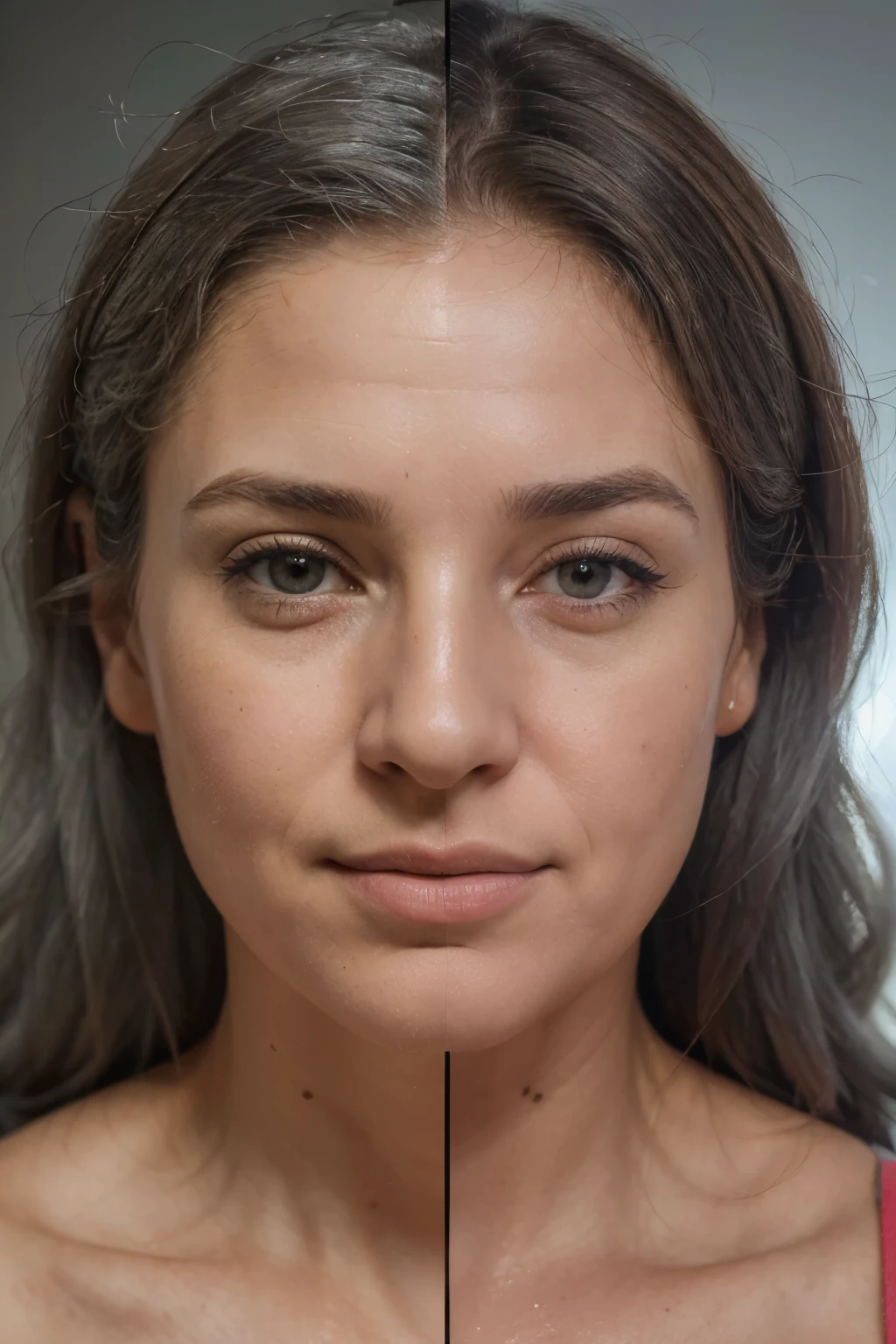 (best quality, highres, realistic:1.37), portraits, duas fotos, uma ao lado da outra da mesma mulher, beautiful and young on the left picture, gray-haired and wrinkled on the right picture, additional details like vibrant background colors, detailed facial features, studio lighting, and sharp focus