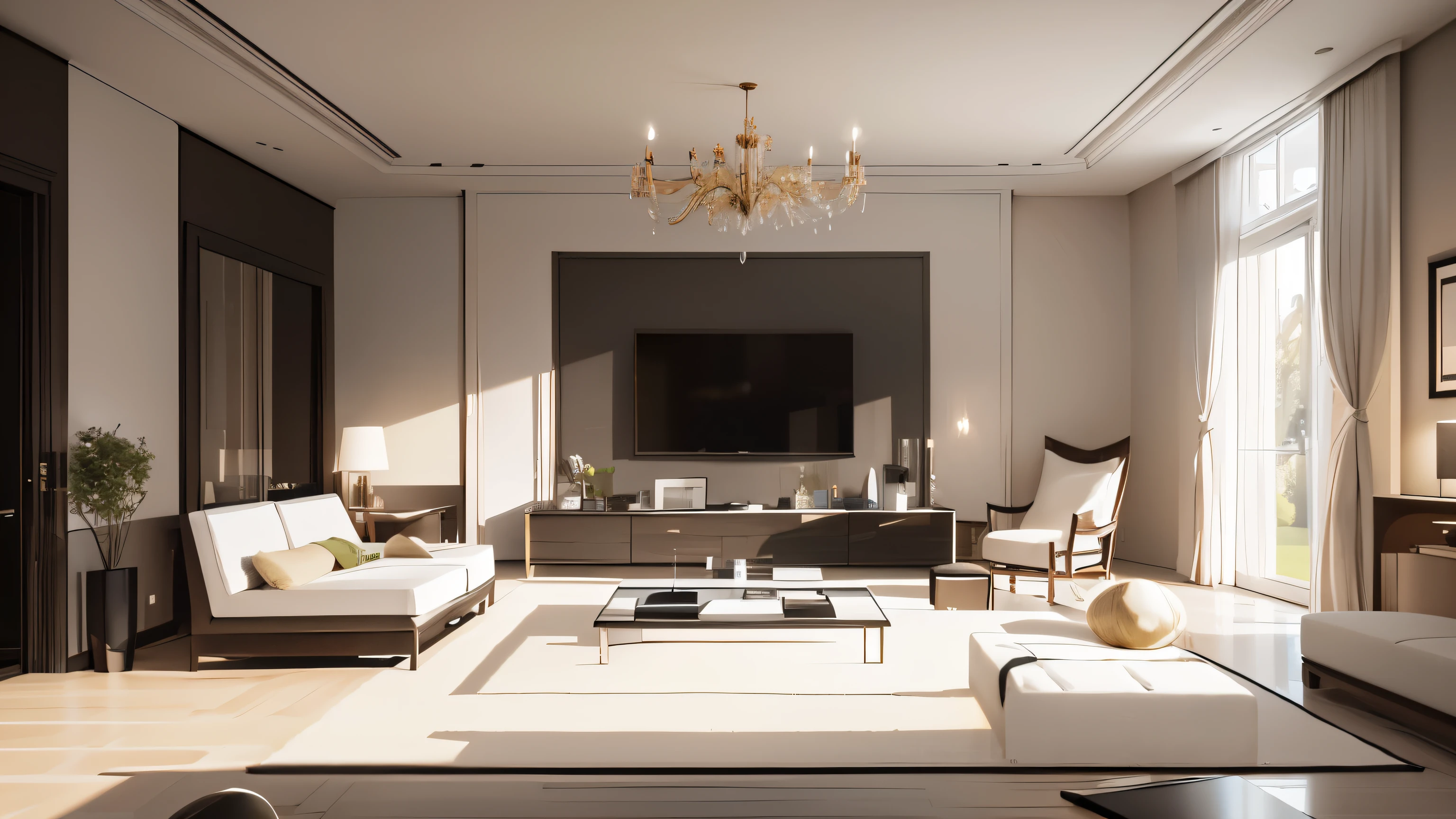you are a famous interior designer、I was asked to create a 3D image of a large modern room.。. Create a harmonious environment with modern and minimalist furniture. Including garden interior.