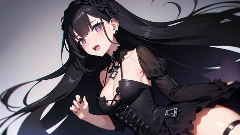 a woman in black corset and goth hair, with piercings, 1girl, solo, black hair, long hair, ring, silver hair, Gothic Lolita, full body, ahegao