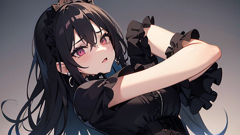 a woman in black corset and goth hair, with piercings, 1girl, solo, black hair, long hair, ring, silver hair, Gothic Lolita, full body, ahegao