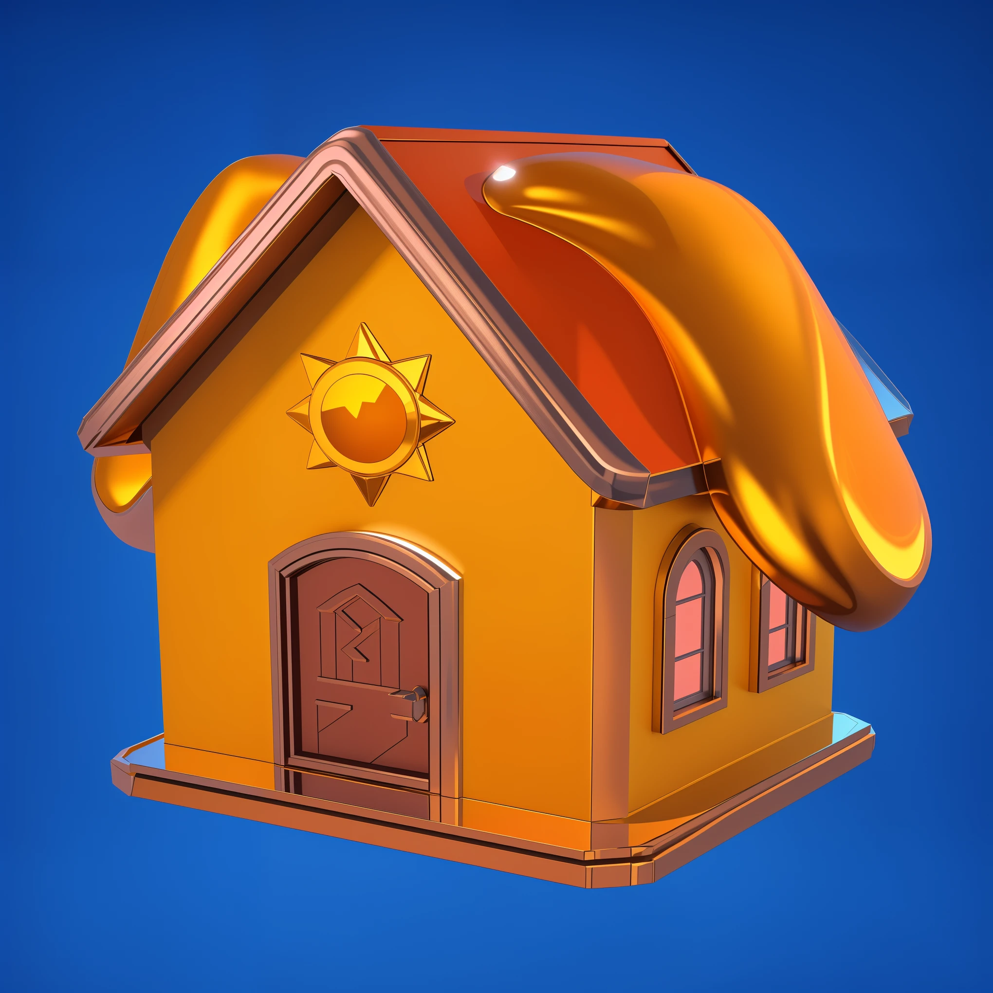 there is a house with a shiny roof and the sun above and golden ears, cartoon key frame rendering, rendered in keyshot, 3D rendering stylized, Molten metal house, sunshine and quaint houses, stylized 3d render, Rendering in Cinema4D, rendering in Cinema 4D, 3D icon for mobile game, stylized 3D rendering, rendered art