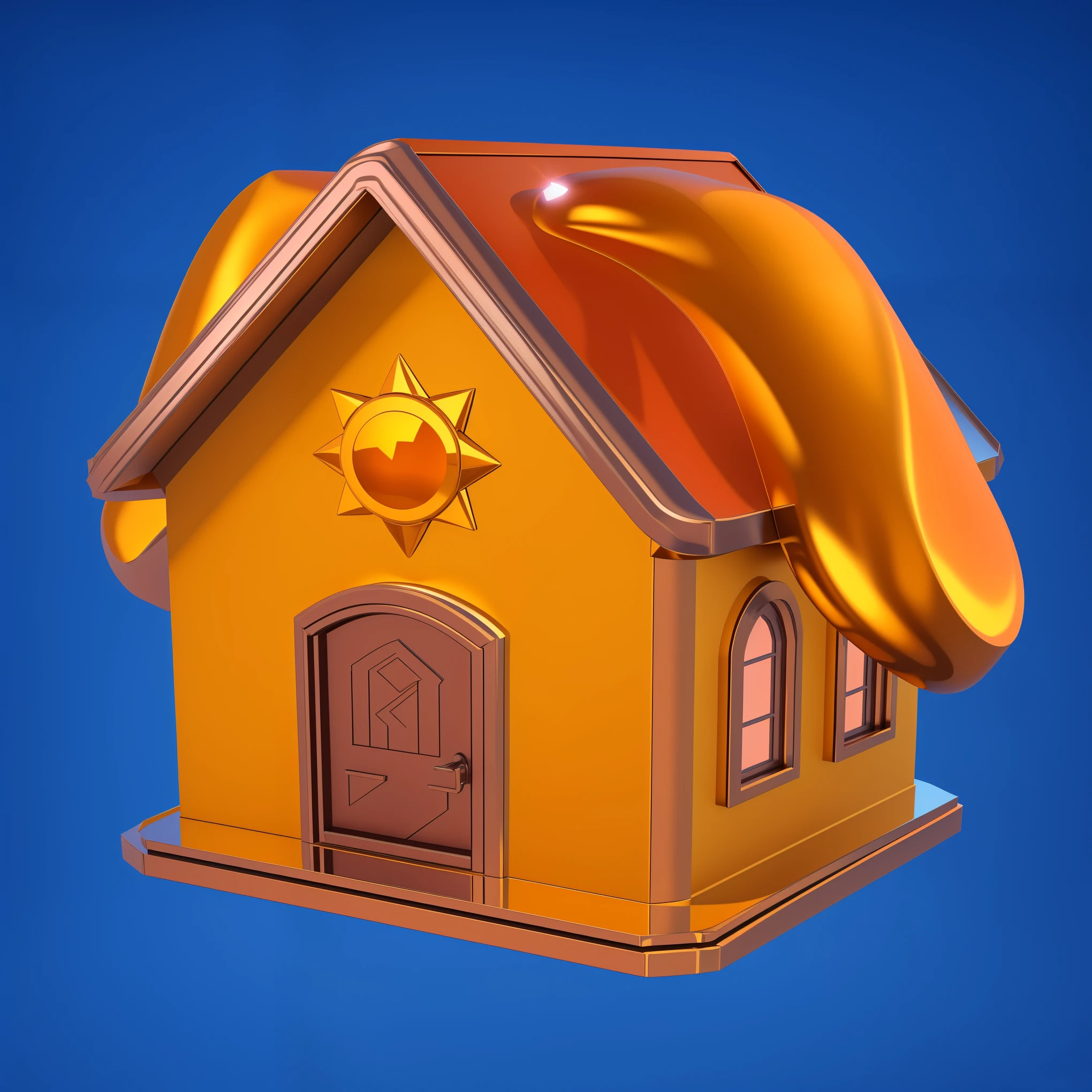 there is a house with a shiny roof and the sun above and golden ears, cartoon key frame rendering, rendered in keyshot, 3D rendering stylized, Molten metal house, sunshine and quaint houses, stylized 3d render, Rendering in Cinema4D, rendering in Cinema 4D, 3D icon for mobile game, stylized 3D rendering, rendered art