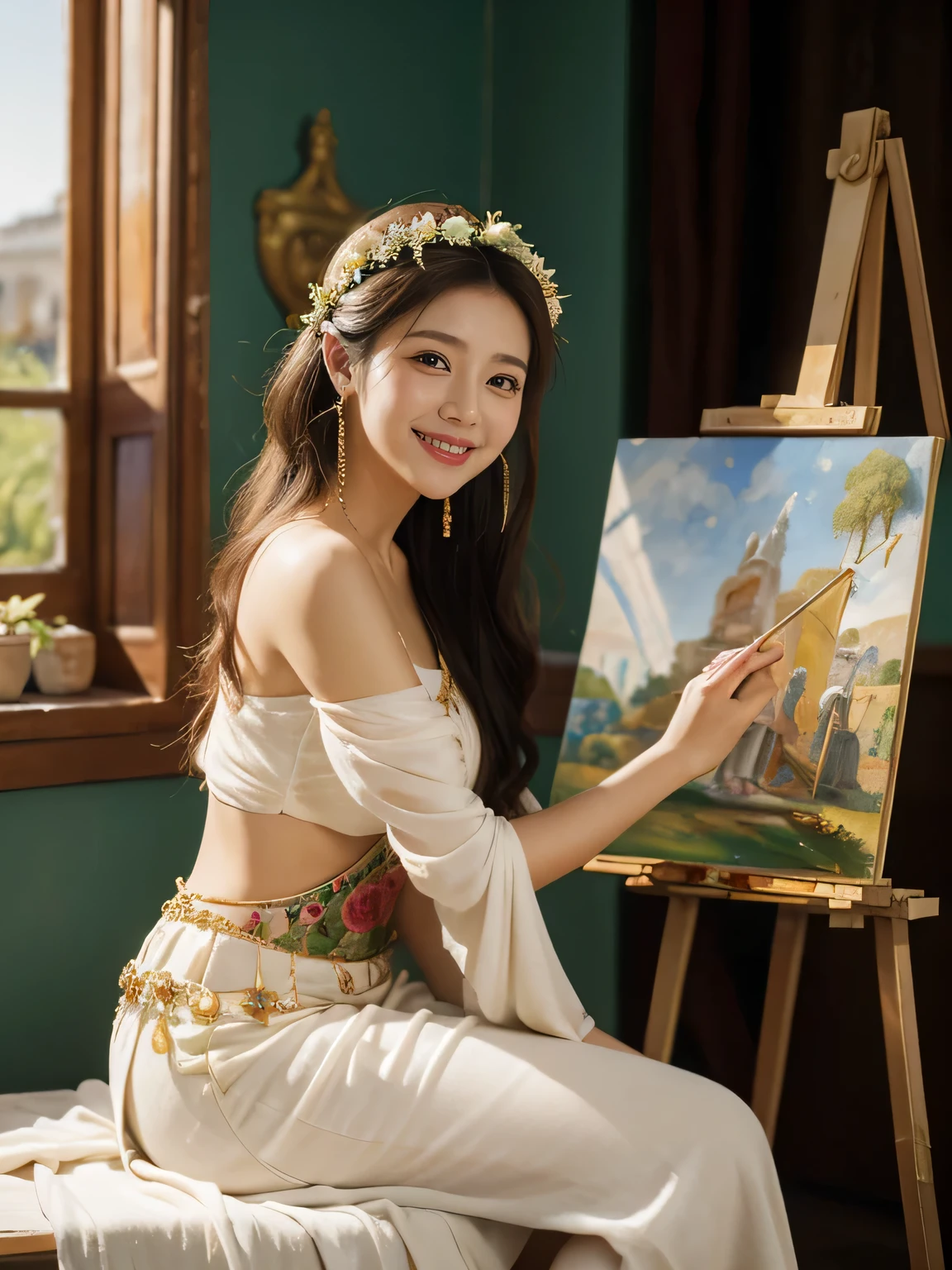 Giorgione painting style,roses in vase、fruits、Cute trinkets、smile、ancient greek costume、Clothes that stretch your shoulders、A big smile、beautiful bare skin,Female painter painting oil in her studio,Woman painting in oil with oil brush and palette,Woman painting oil on canvas