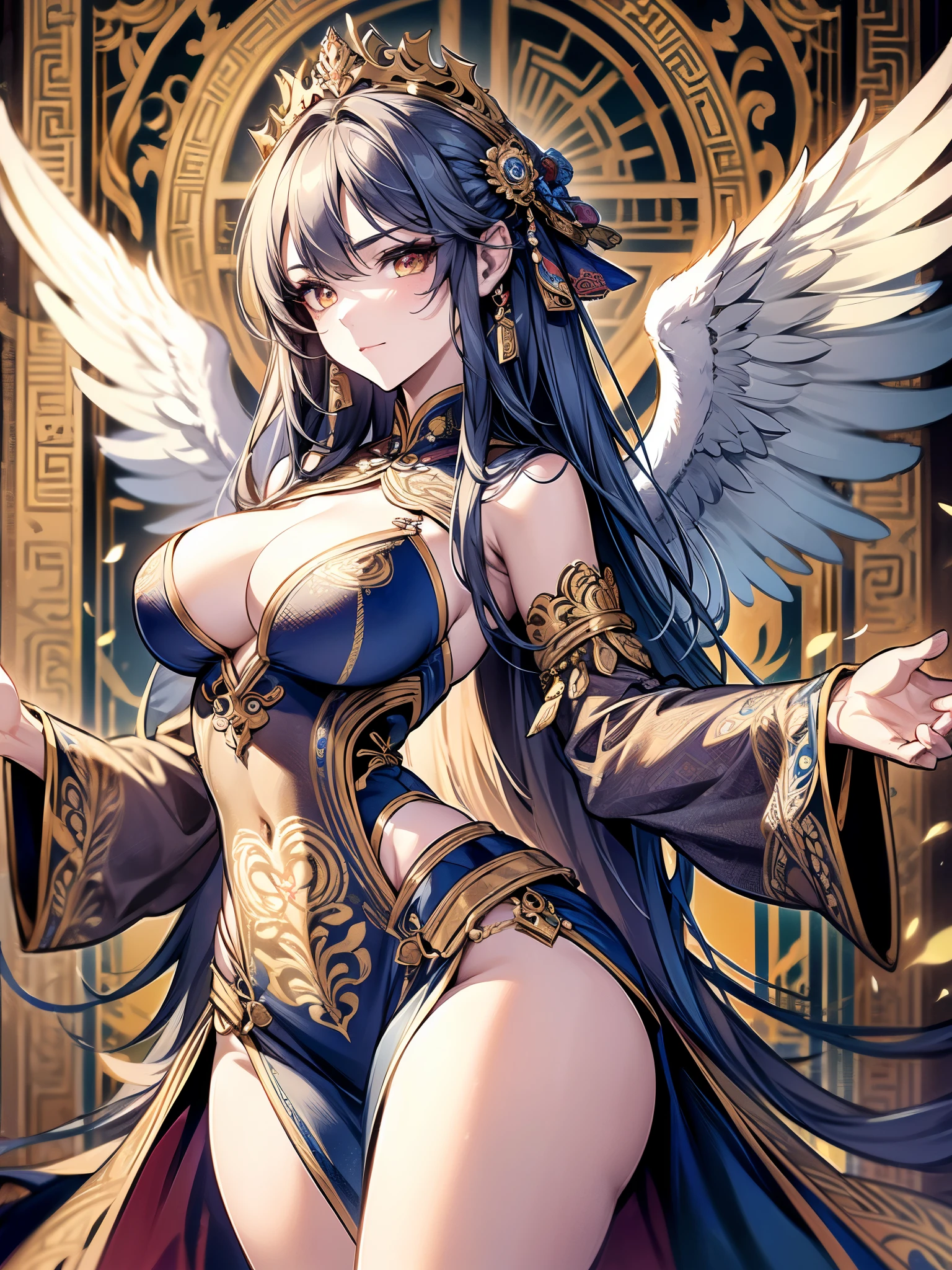 ((highest quality)),(ultra high resolution),(Super detailed),(detailed description),((best CG)),(best work of art),super precision art,amazing drawing art,(Oriental fantasy art with precise details:1.5), (1 woman:1.6),(beautiful and well-shaped face:1.6),(colorful patterned costumes:1.6),Accurate and detailed accessories,crown of wings:1.5
