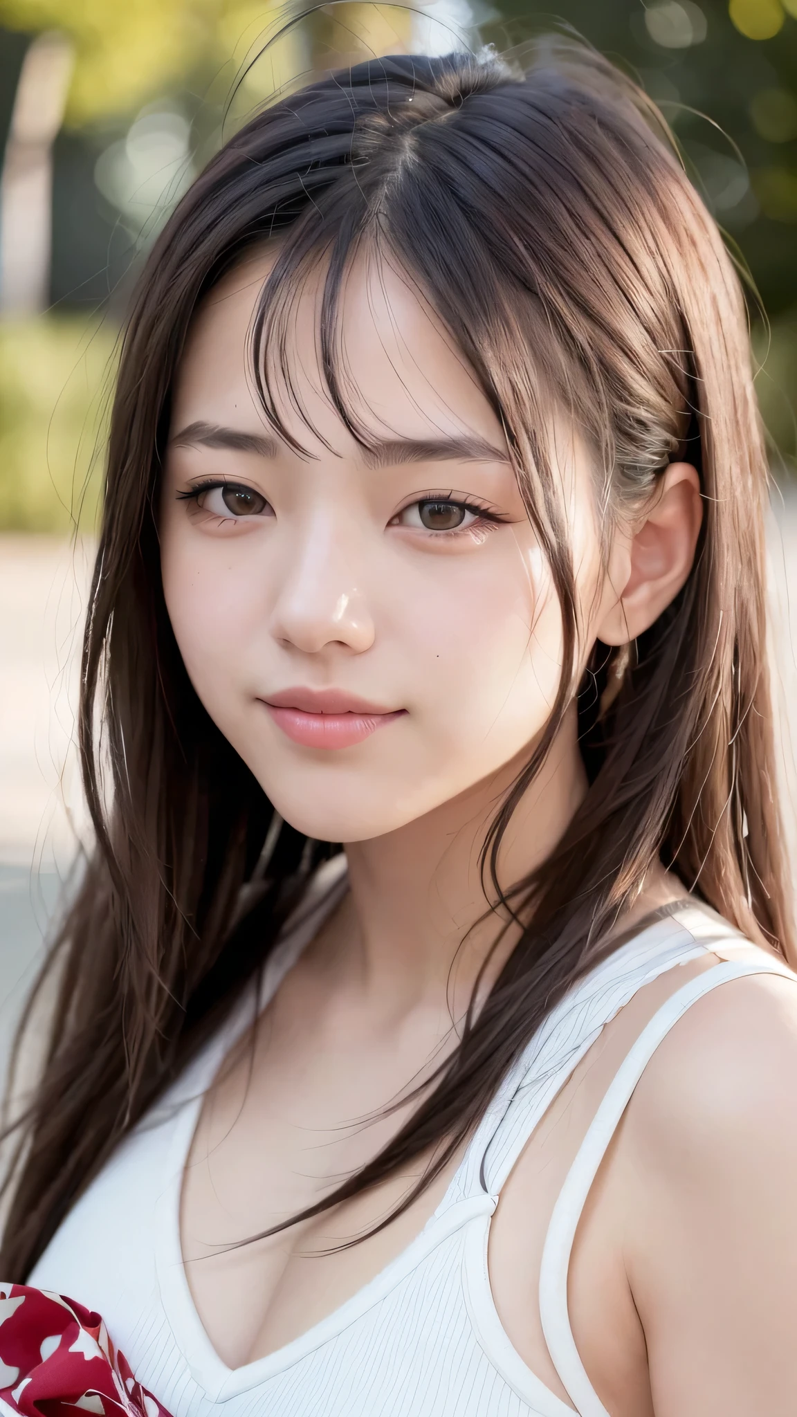 (8k, highest quality, masterpiece: 1.2), (realistic, realistic: 1.37), Super detailed, 1 girl, 25 years old, big, beauty, cute, smile, alone, Rough outfits for the holiday, beautiful feet, (redness of the nose), (smile: 1.15), (Keep your mouth closed), beautiful eyes, (long hair: 1.2), Floating Hair novafrog Style, Upper body
