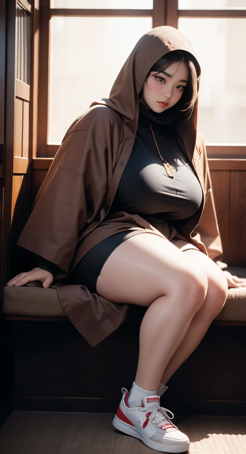 there is a woman sitting down with a longest brown hair, bbwchan, thicc, brown hijab outfit, brown hairstyle model, korean girl, korean woman, wearing brown robe, full length shot, alluring plus sized model, japanese goddess, clothed in hooded, voluptuous and arousing, portrait shot, curvy model, voluptuous body, wonderful, nene tanaka body , bbwchan, The overall atmosphere is smooth , haunting illustrations, extremely high-resolution details, photographic, realism pushed to extreme, fine texture, 4k, ultra-detailed, high quality, high contrast, red sneakers , cold atmosphere ,, cold atmosphere