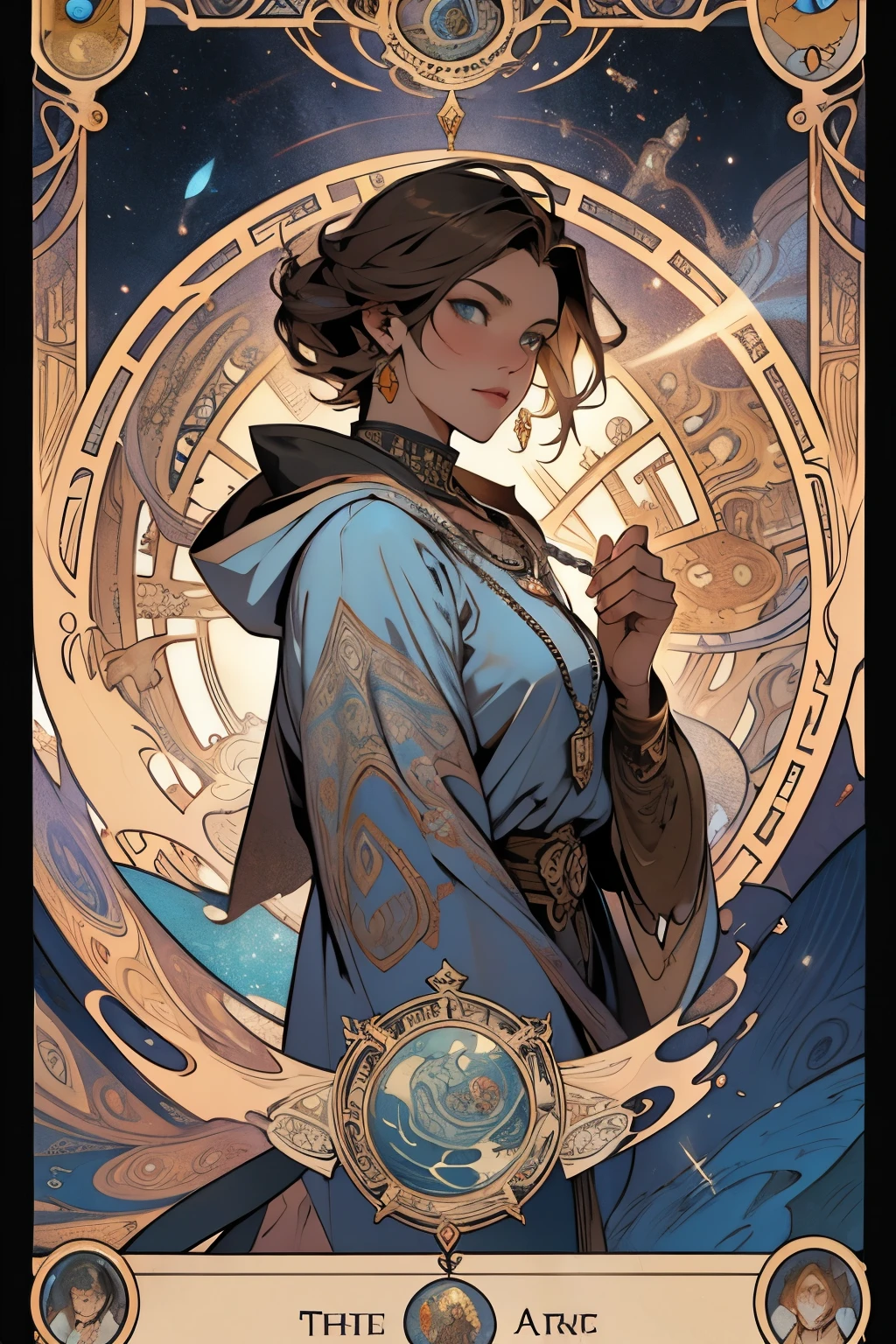 1 mid age lady, short brown hair, light blue eyes,traveler, magician coat, silver key on the necklace, floating books, (zendispute, mandala, dispute, endispute: 0.6), (fractal art style), chaos in its most beautiful form, tarot card border in the front, mucha art style, steam punk，teleport