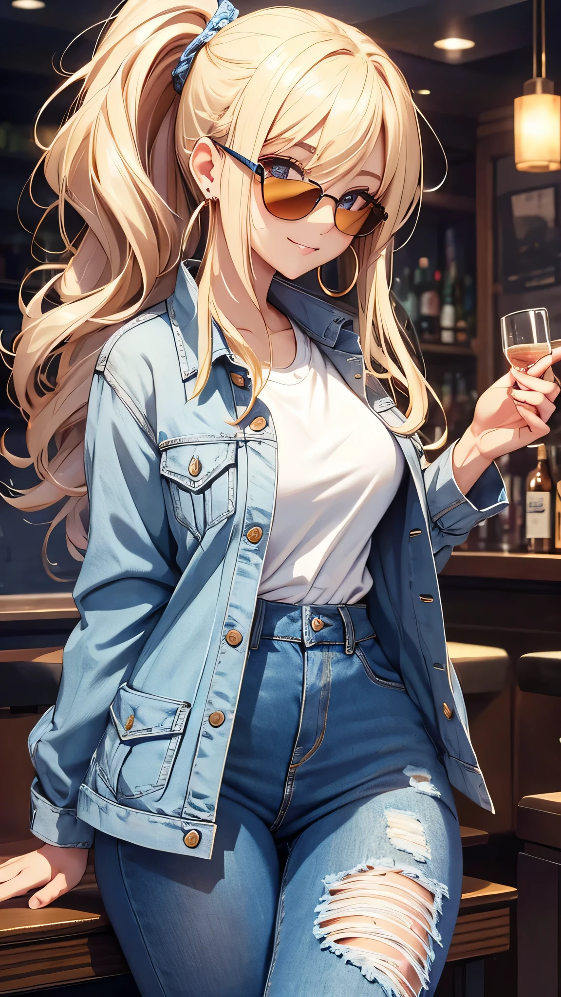 最high quality、best image quality、masterpiece、girl((20-year-old、 By becoming、vest bust、medium bust,wide open breast tea、shining eyes, blonde、long hair、thin,highest valley、ponytail、sunglasses、denim pants、white shirt、Jeans、smile、forward leaning movement、diamond earrings)),high quality、beautiful art、background((Tokyo、bar))、Flight、debris flies、Depth of written boundary、movie、visual art、perfect art、8k,genuine、