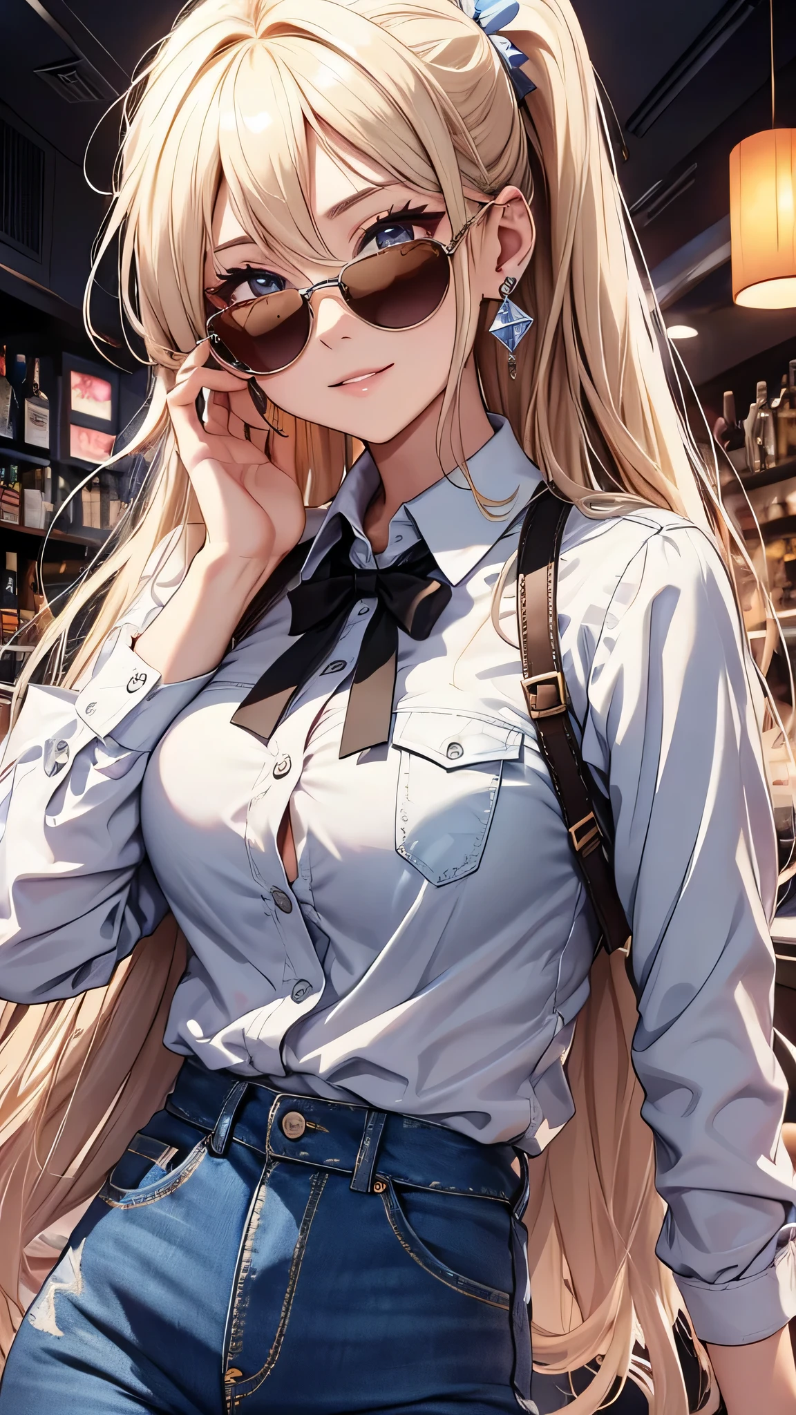 最high quality、best image quality、masterpiece、girl((20-year-old、 By becoming、vest bust、medium bust,wide open breast tea、shining eyes, blonde、long hair、thin,highest valley、ponytail、sunglasses、denim pants、white shirt、Jeans、smile、forward leaning movement、diamond earrings)),high quality、beautiful art、background((Tokyo、bar))、Flight、debris flies、Depth of written boundary、movie、visual art、perfect art、8k,genuine、