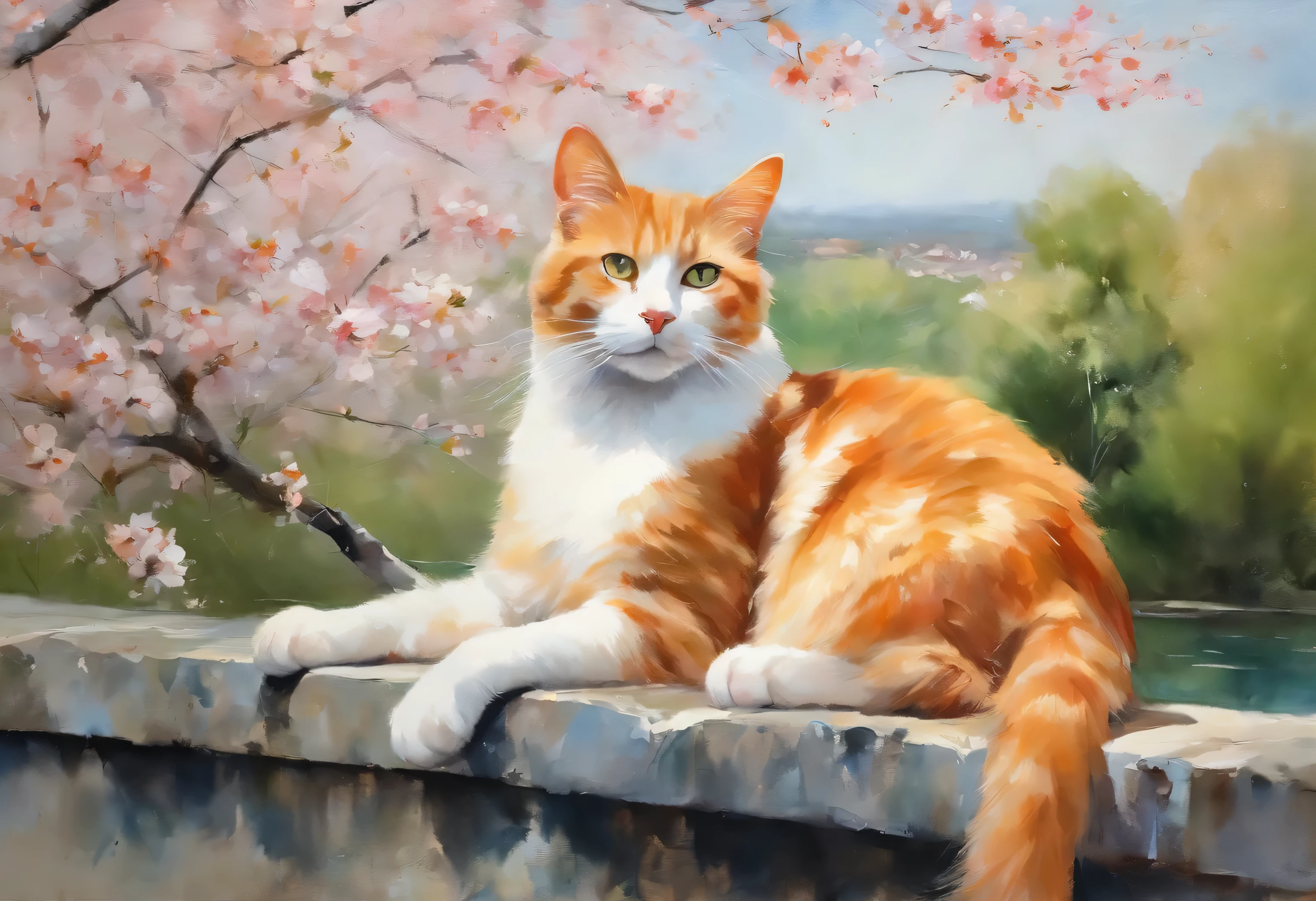 Orange white cat relaxing on a wall, cherry blossoms in the background and is possibly a painting or watercolor artwork. It captures an outdoor scene on a sunny bright day, light pink and white and yellow and green and blue colors only, portrait by Willem Haenraets, watercolor, wet on wet and splattering techniques, centered, perfect composition, abstraction, surrealism