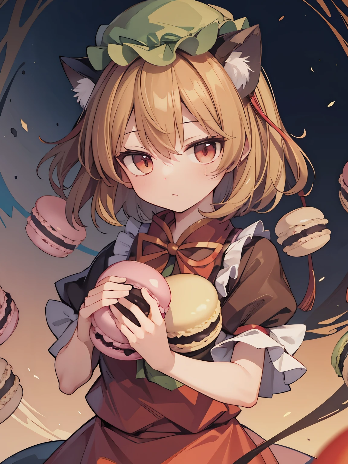 (((masterpiece))), (((best quality))), ((ultra-detailed)), (8K), anime style, (1girl),(((Chen))),(((touhou project))), black cat tail,blown short hair,black cat ear,red costume ,(((holding colorful macarons))), up face,(shyness )