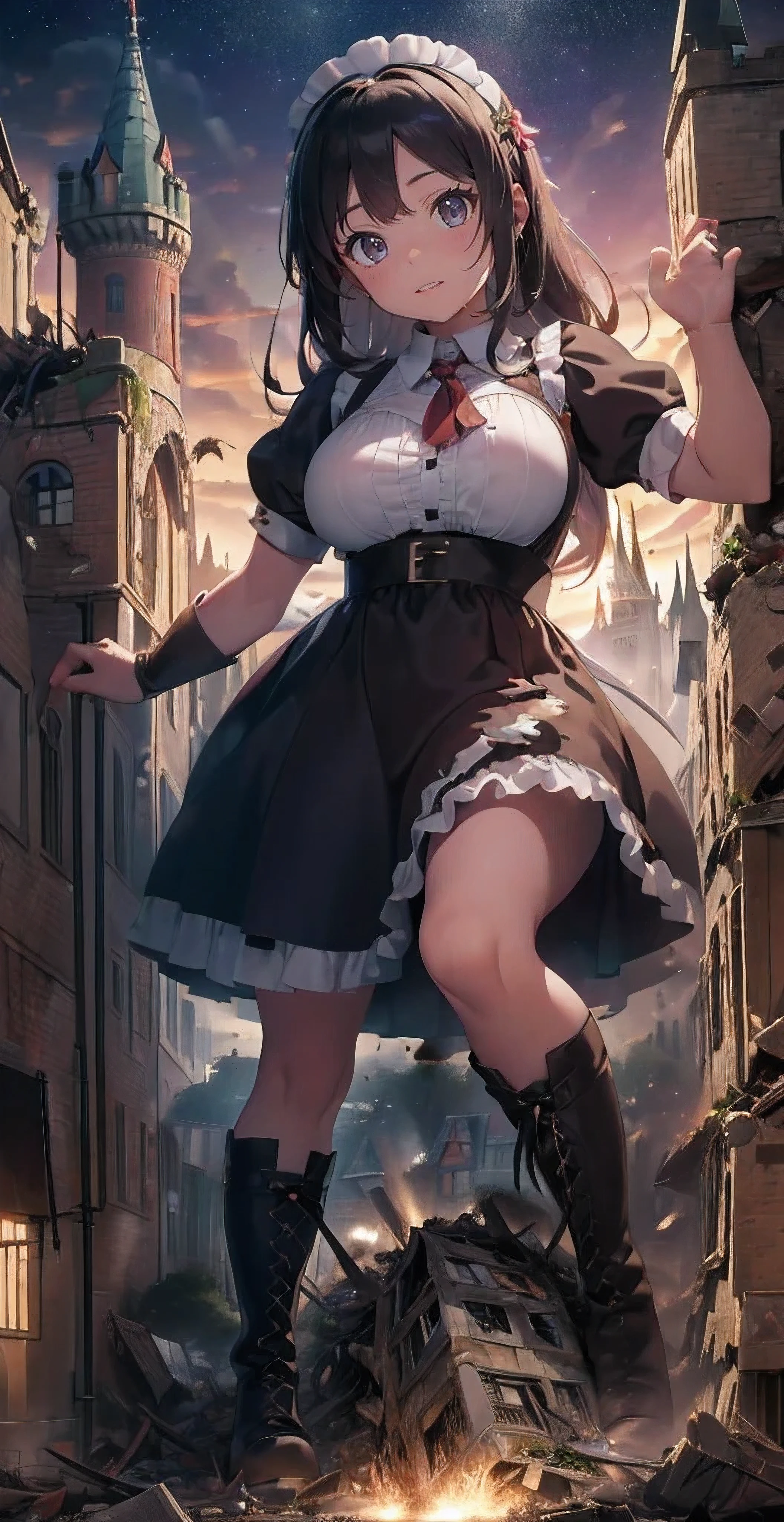 ((((lily)))),((((lesbian)))),((((Two maids)))),troubled face、rub your chest、underboob、Run、masterpiece、High resolution、high quality、looking at camera、Plump、chest pocket、長nipple、Angel、((((boots)))),Plump、ファイナルfantasy world,fantasy world、(((dark hero))),((((tucked up dress)))),(White Gothic Idol Princess Ruffle Ribbon Maid Clothes)、(((((A girl bigger than a castle)))))、background blur、Gulliver&#39;trip、alice in wonderland、city of rubble、((((super huge breasts))))、big breasts、big breasts、big breasts、big breasts、big breasts、((((Plumpした太もも))))、Plumpした太もも、City fires in medieval Europe、((((giant girl straddling the castle))))、cigarette、((((Urban explosion in medieval Europe))))、reach out your hand、Ruins at the end of the century、((((spread your legs and show me your panties)))),進撃の巨人のThe giant girl who moves the earth、((Ultraman)）、(((Giant of Light))),The giant girl who moves the earth、(((((足元のcity of rubble、A castle of rubble at my feet)))))、flying debris、loafers、low angle camera、high school girl、((((fighting pose))))、((((A big explosion at my feet))))、8ｋ、High image quality High image quality、nipple、sheer shirt、There&#39;There&#39;There&#39;There&#39;s a dwarven tank at your feet....、((((Destroy a broken dwarf castle with your feet))))、Confront an army of dwarves