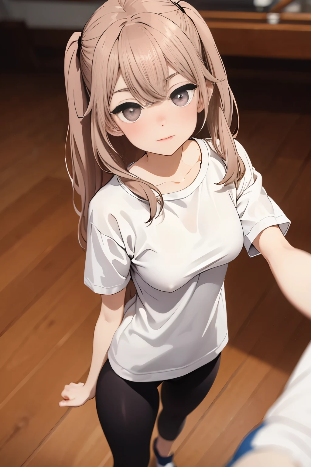 Optimal，masterpiece，High resolution，highest quality，in town、cute face，，brown hair、long hair、twin tails、 long eyelashes，drooping corners of the eyes，Are standing、thin legs、white skin，((shoot from above:1.5)), ((Wearing a tight white t-shirt:1.5)), ((tight yoga pants)). ((pointed nipples))、rocket tits , (small breasts:1.5),