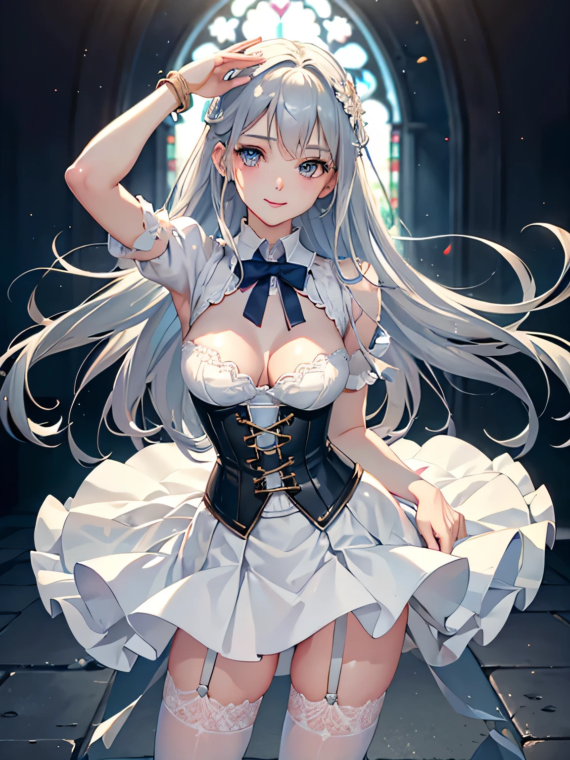((focus on the face)),NSFW, (full body shot、Full body photo including face)、((Cute symmetrical face)),8k, highest quality, photo realistic, Highly detailed 8k wallpaper,、((biologically correct limbs、number of finger masterpieces:1.2, highest quality), (realistic, photorealistic:1.4), beautiful illustrations, (natural side lighting, movie lighting),  girl,Blue-silver hair, 25 years old, perfect face, perfect body, shiny skin, beautiful hair, beautiful face, beautiful eyes, 緻密でbeautiful eyes, beautiful body, beautiful breasts, beautiful arms、((slender and beautiful legs)), (small ass、thin thighs),blush,、 (High heels of the same color on the left and right、anklet), (upper grade、cute smile), (white shirt、corset、Long flared skirt in white)、white bra、panties、black toe garter stockings、garter belt)、Detailed facial depiction、((Heart symbol with both hands、nice heart))、(Photographed from an angle)、The background is the stained glass of the church.、