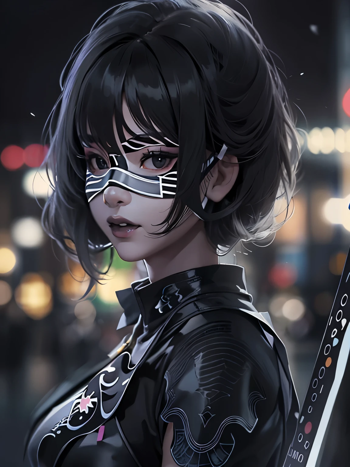 NSFW((masterpiece)), (((Best Quality))), ((Ultra-detailed)), (extremely detailed photo), ((extremely delicate and beautiful)),(Cute delicate face), (A 25 years old dignified girl),(black and violet full armor) ,(holding a violet glowing sword ),short hair,against a dark background in a city,solo, double eyelid,delicate skin,slender body shape,(Wearing a black Domino mask:2)