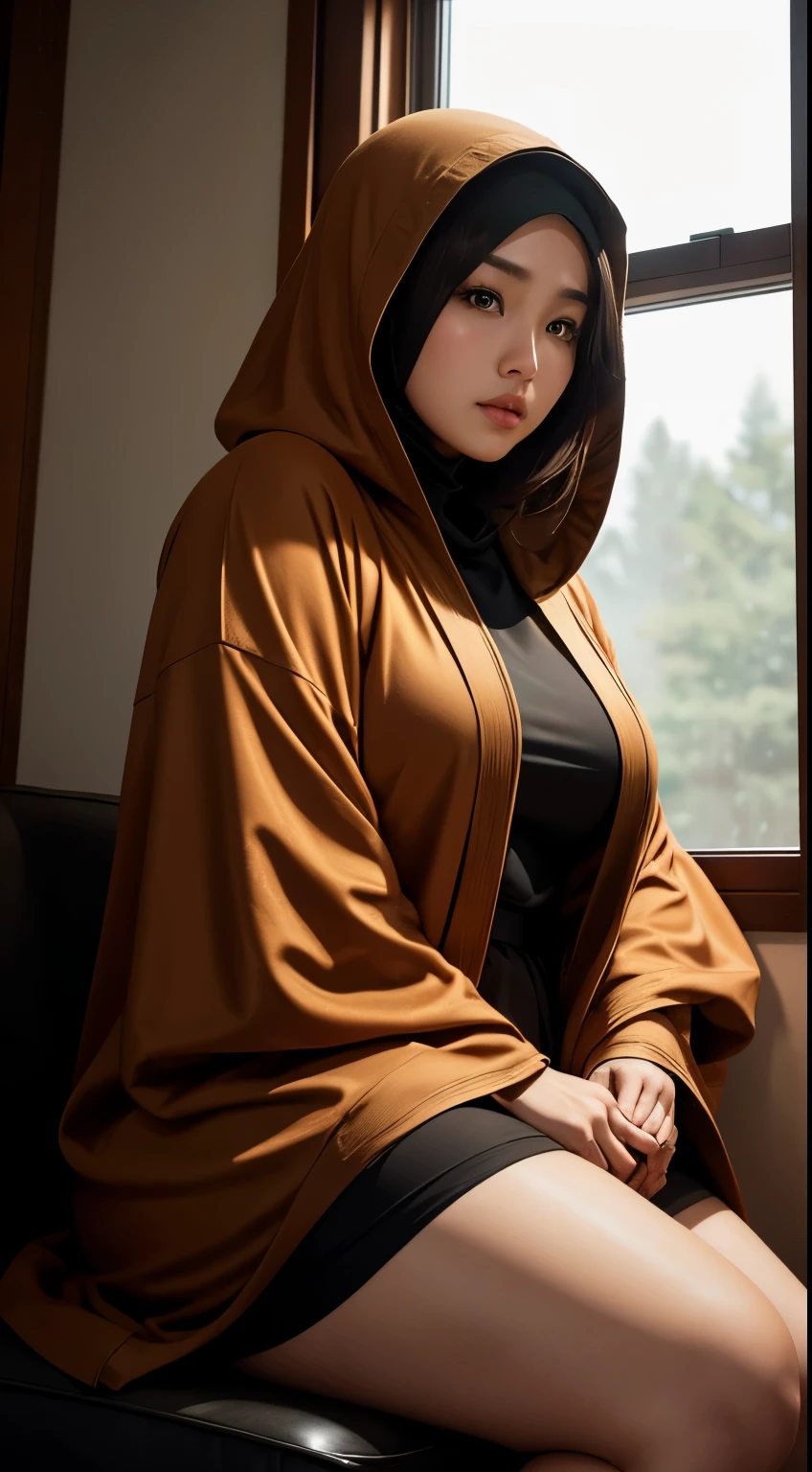 there is a woman sitting down with a longest brown hair, bbwchan, thicc, brown hijab outfit, brown hairstyle model, korean girl, korean woman, wearing brown robe, full length shot, alluring plus sized model, japanese goddess, clothed in hooded, voluptuous and arousing, portrait shot, curvy model, voluptuous body, wonderful, nene tanaka body , bbwchan, The overall atmosphere is smooth , haunting illustrations, extremely high-resolution details, photographic, realism pushed to extreme, fine texture, 4k, ultra-detailed, high quality, high contrast, red sneakers , cold atmosphere ,, cold atmosphere