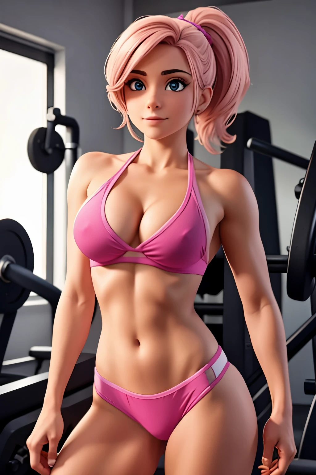 Uma garota sexy com cabelos castanhos, ela tem os maiores peitos do mundo, she is at the gym, wearing a small pink bikini