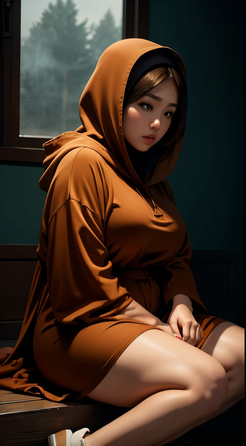 there is a woman sitting down with a longest brown hair, bbwchan, thicc, brown hijab outfit, brown hairstyle model, korean girl, korean woman, wearing brown robe, full length shot, alluring plus sized model, japanese goddess, clothed in hooded, voluptuous and arousing, portrait shot, curvy model, voluptuous body, wonderful, nene tanaka body , bbwchan, The overall atmosphere is smooth , haunting illustrations, extremely high-resolution details, photographic, realism pushed to extreme, fine texture, 4k, ultra-detailed, high quality, high contrast, red sneakers , cold atmosphere ,, cold atmosphere