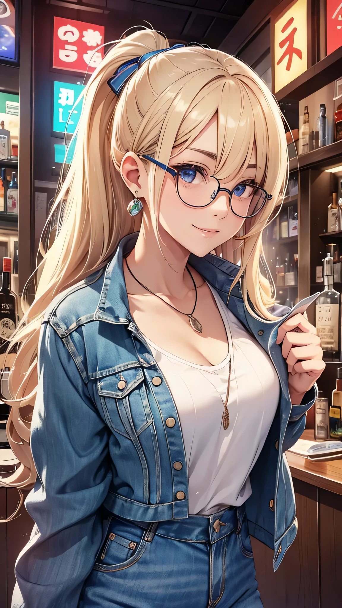 眼鏡をかけてデニムジャケットを着たアニメの女の子がバーに立っ