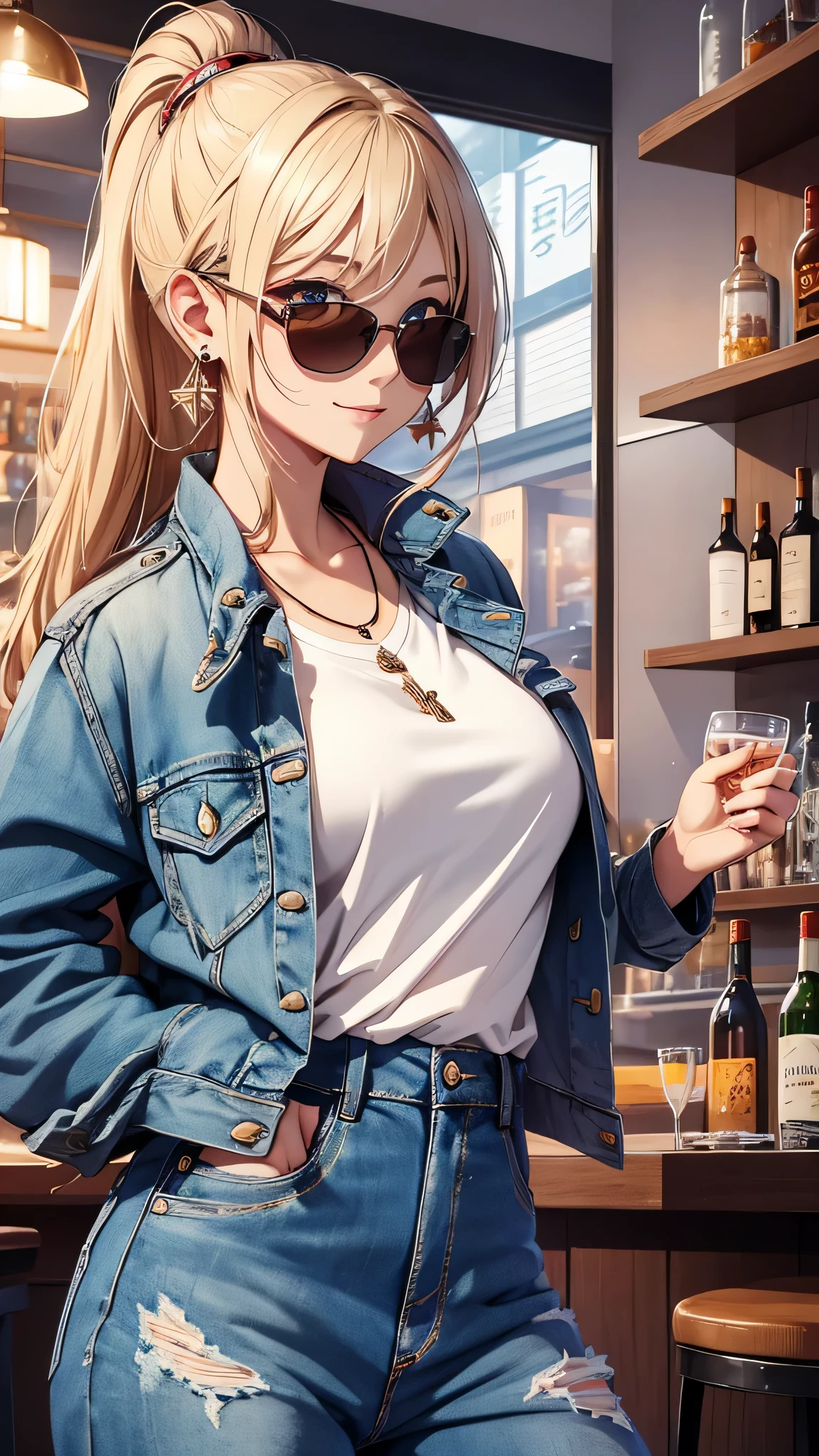 最high quality、best image quality、masterpiece、girl((20-year-old、 By becoming、vest bust、medium bust,wide open breast tea、shining eyes, blonde、long hair、thin,highest valley、ponytail、sunglasses、denim pants、white shirt、Jeans、smile、forward leaning movement、diamond earrings、Wristband、necklace)),high quality、beautiful art、background((Tokyo、bar))、Flight、debris flies、Depth of written boundary、movie、visual art、perfect art、8k,genuine、