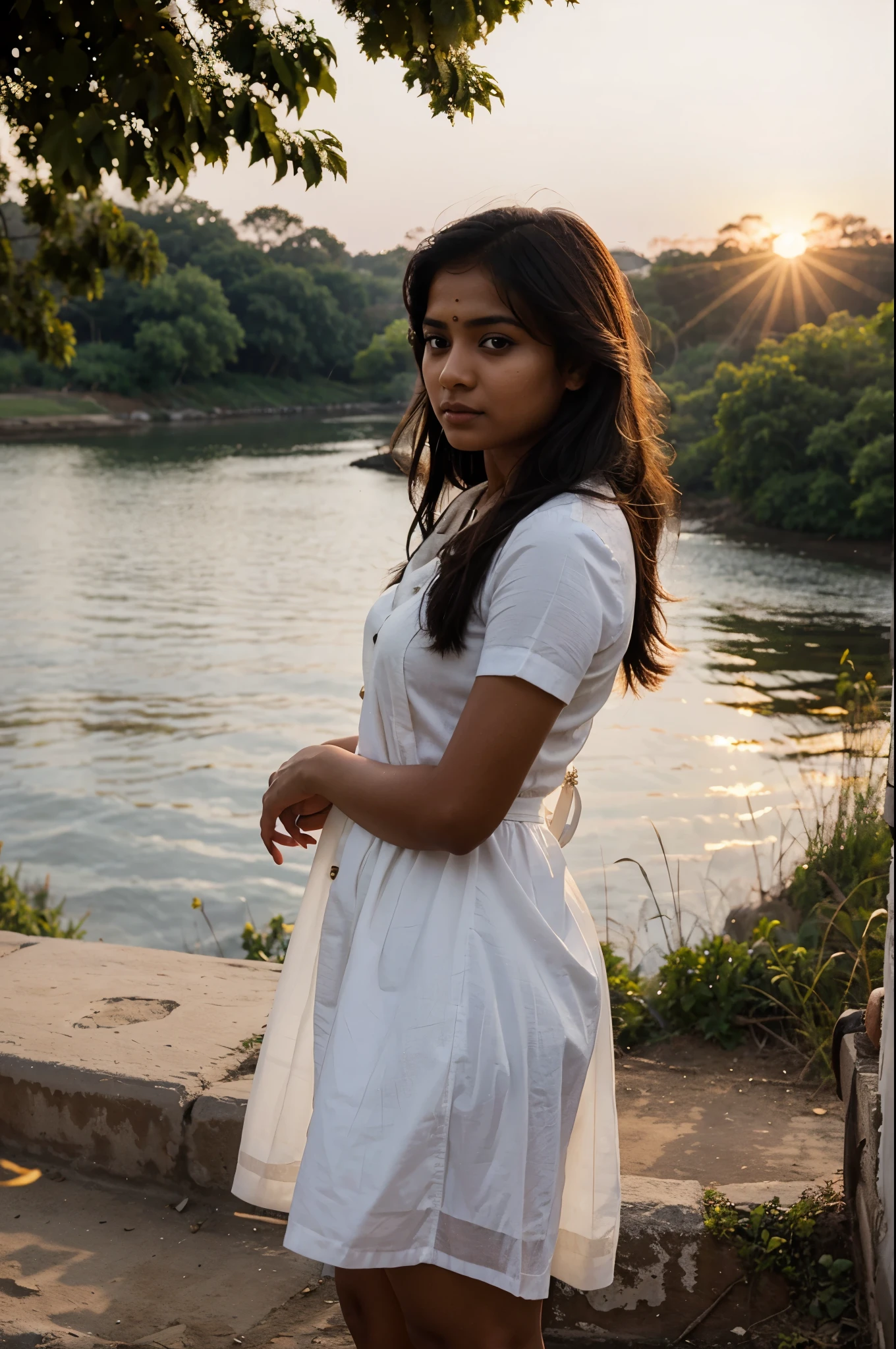 Indian girl with white dress and watching sun rises