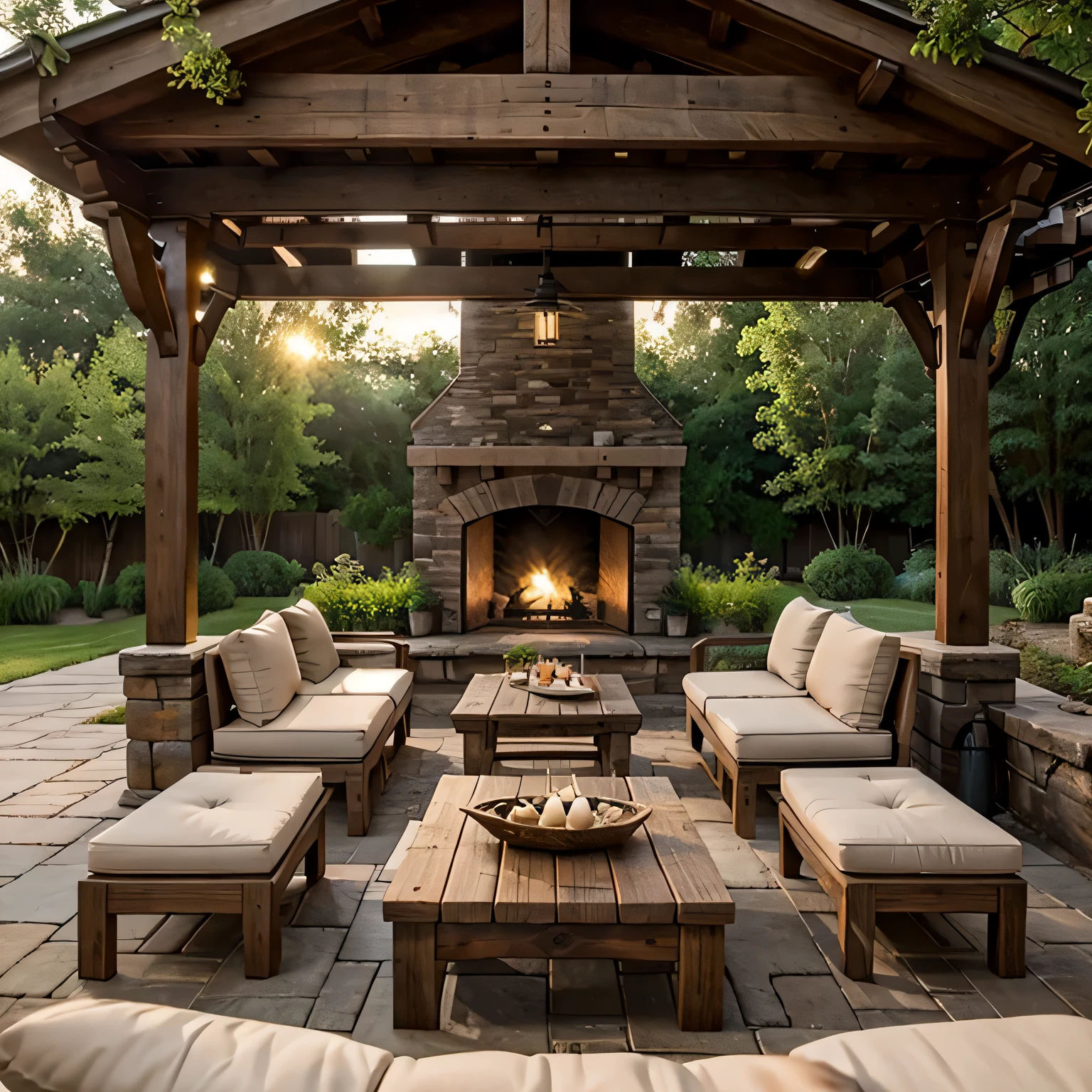 Creating Serene Outdoor Spaces: Exploring Rustic Farmhouse Patio Retreats Stone fireplace surrounded by rustic wooden benches.