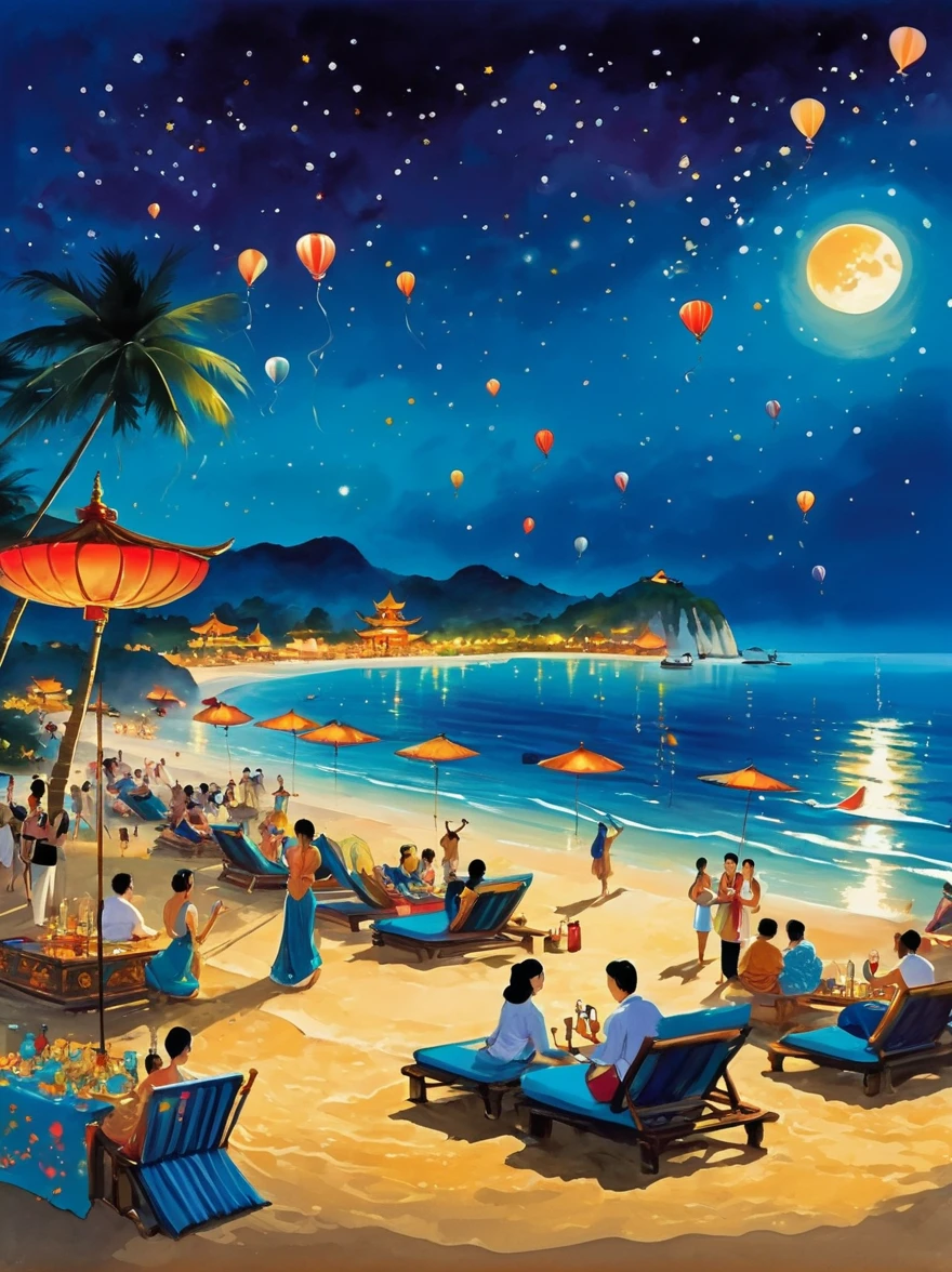 super detailed，Chinese ink style，Chinese landscape painting, ((Night, under the stars))，A luxurious and joyous beach under the sky, where the golden sands meet the azure sea. The scene is set with opulent decorations, shimmering lights, and vibrant balloons. Guests are seen enjoying themselves, with some lounging in chic beach chairs, others dancing freely on the sand, and a few indulging in extravagant beachside cocktails. The atmosphere is electrified with live music, a DJ spinning upbeat tracks on a stage adorned with tropical flowers, This setting captures the essence of a lavish celebration, blending the natural beauty of the beach with the exhilaration of a festive gathering。it sparks our imagination，Let us be immersed in this dreamlike artistic conception，magical atmosphere，happy and peaceful scene，Surreal and ethereal colors，texture landscape，otherworldly environment，beautiful scenery，Hazy and mysterious atmosphere，dramatic light and shadow，A thrilling sense of adventure，Amazing natural wonders，Grandeur and sense of scale，Explore endless possibilities