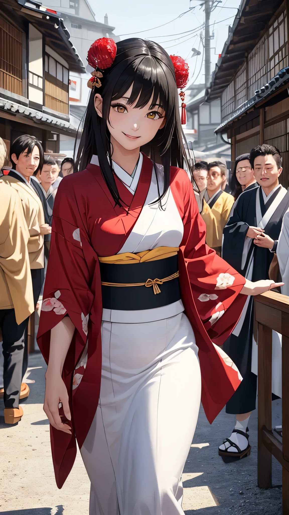 (masterpiece, best_quality, ultra-detailed, immaculate:1.3), portrait, upper body, detailed face, detailed hands, ((1girl:1.35)), epic, cute beautiful ideal japanese girl, ((beautiful red kimono)), priestess of love, priestess of passion, ((walking pose)), ((smiling face expression)), Curvy body, long straight black hair, yellow eyes, ((surrounded by inlove mans, Japanese medieval village background))