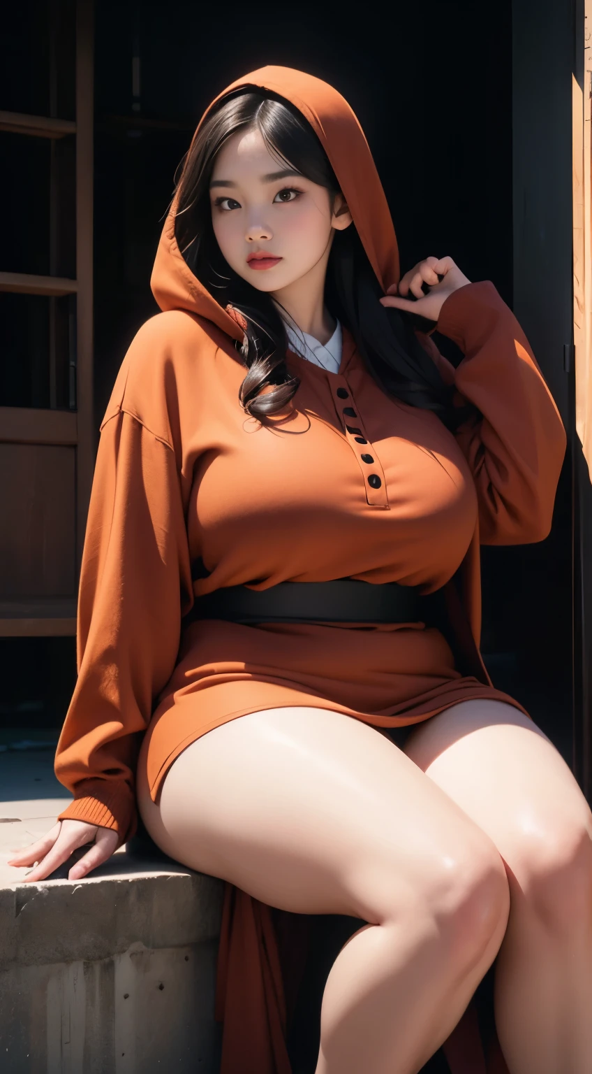 there is a woman sitting down with a longest brown hair, bbwchan, thicc, brown hijab outfit, brown hairstyle model, korean girl, korean woman, wearing brown robe, full length shot, alluring plus sized model, japanese goddess, clothed in hooded, voluptuous and arousing, portrait shot, curvy model, voluptuous body, wonderful, nene tanaka body , bbwchan, The overall atmosphere is smooth , haunting illustrations, extremely high-resolution details, photographic, realism pushed to extreme, fine texture, 4k, ultra-detailed, high quality, high contrast, red sneakers , cold atmosphere ,, cold atmosphere