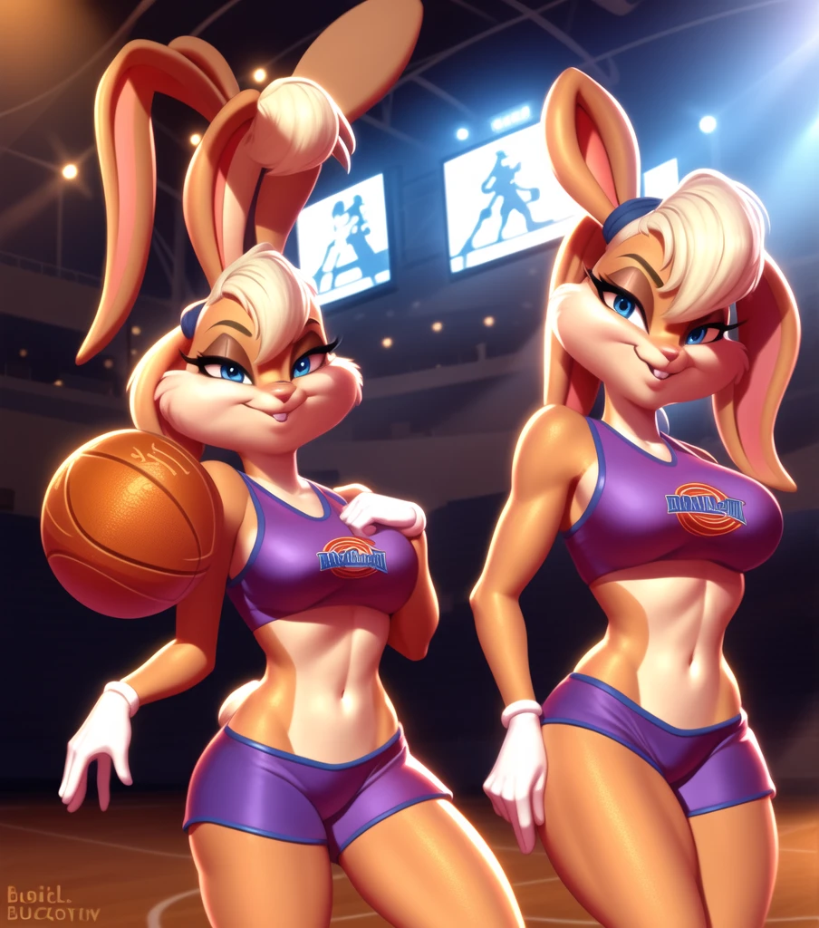 lola, lola bunny, 1girl, (bucktooth:1.2), solo_focus, four fingers, detailed face, detailed hands, detailed eyes, detailed fur texture, neutral pose, digital painting, smiling, clothed, cinematic light, vibrant colors, intricate eyes, (background is a stadium), (setting is a basket ball game), space jam