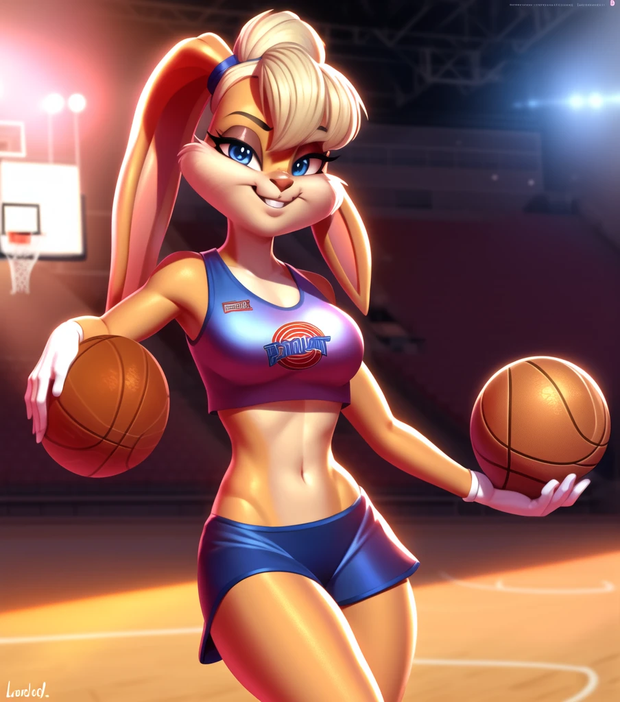 lola, lola bunny, 1girl, (bucktooth:1.2), solo_focus, four fingers, detailed face, detailed hands, detailed eyes, detailed fur texture, neutral pose, digital painting, smiling, clothed, cinematic light, vibrant colors, intricate eyes, (background is a stadium), (setting is a basket ball game), space jam