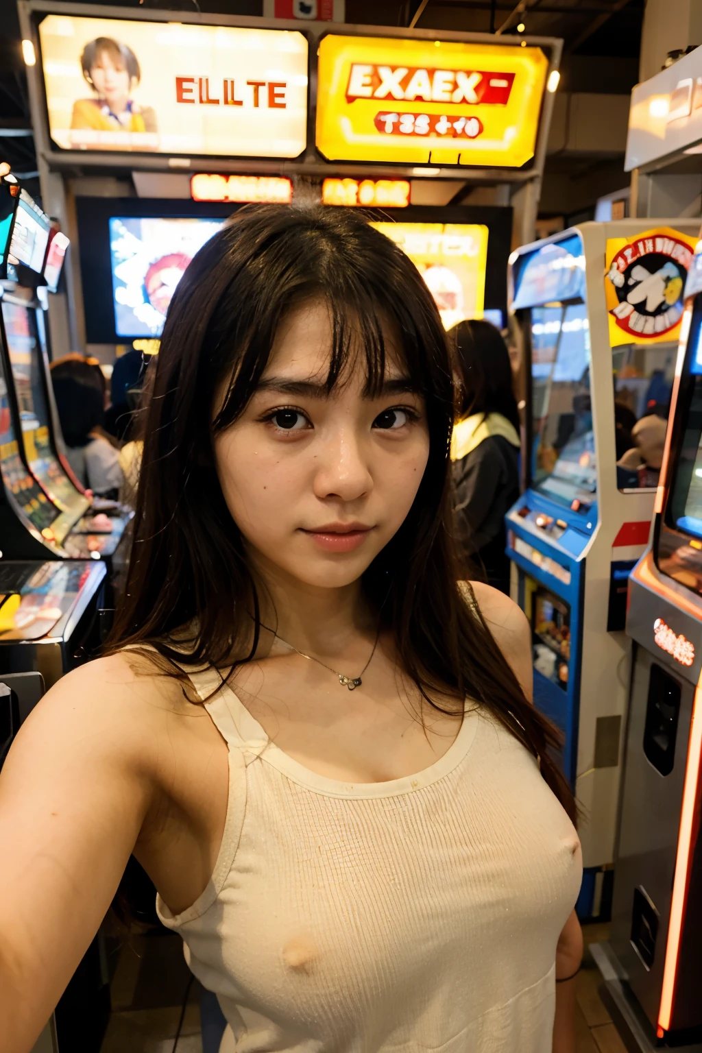 17 year old Japanese girl takes selfies in an arcade