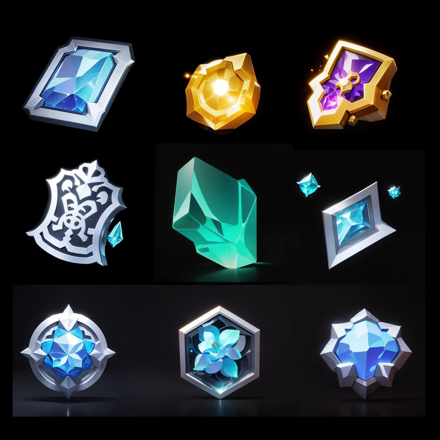 Close-up of a bunch of different items on black background, ability image, game icon资源, game icon, League of Legends inventory items, proper style, character icon, 程式化的game icon, object art, league of legends style, mysterious art style, Asset package, game assets, Super detail on every object, Enhance