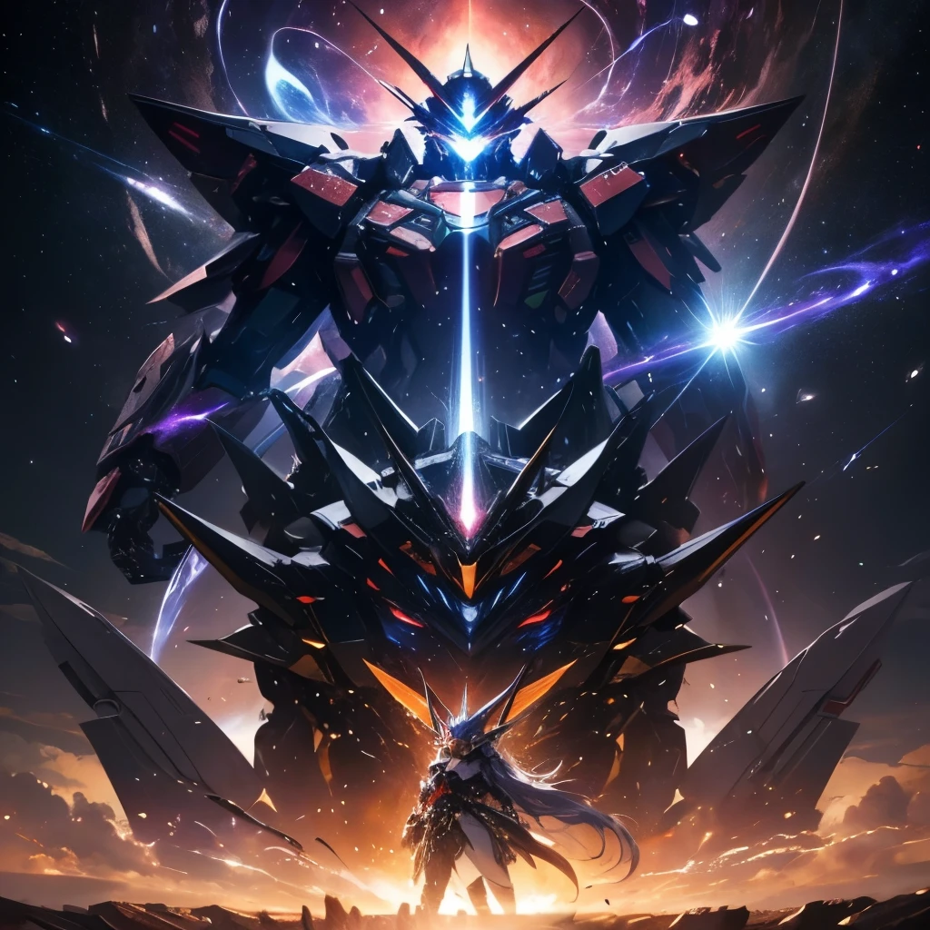 1 mech(Huge mech,Head of a tyrannosaurus(alloy),Mecha chest transparent cabin(Light blue shimmer)),Standing painting(Stand up,symetrical),night sky(Brilliant meteor showers,Purple streamer,cirrocumulus)