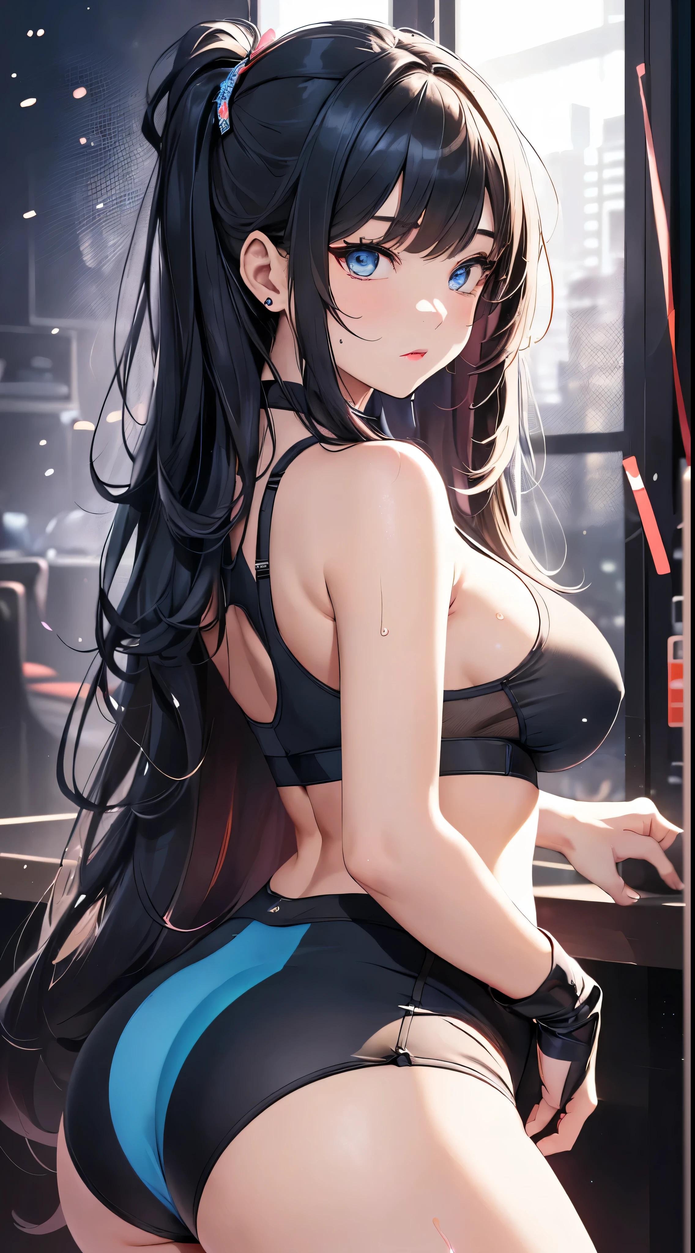 top quality、Top image quality、Masterpiece、girl with((cute little、18 years old、best bust、medium bust、Bust 85,beautiful blue eyes、Breasts wide open,long black hair、A slender one、middle knot、Black sports bra、white skirt,Reflect the whole body、Black pierced gloves、sweating、turn around、Sweat splatters、dance、Emphasize the buttocks))high quality、beautiful art、background with((club、Blue light、PurpleLaser illumination、RedLaser illumination,Laser illumination,fitness club、night、Virtual world)),on the table、Well-designed、visual art、depth of field、best lighting、most detailed、8k,Super exquisite