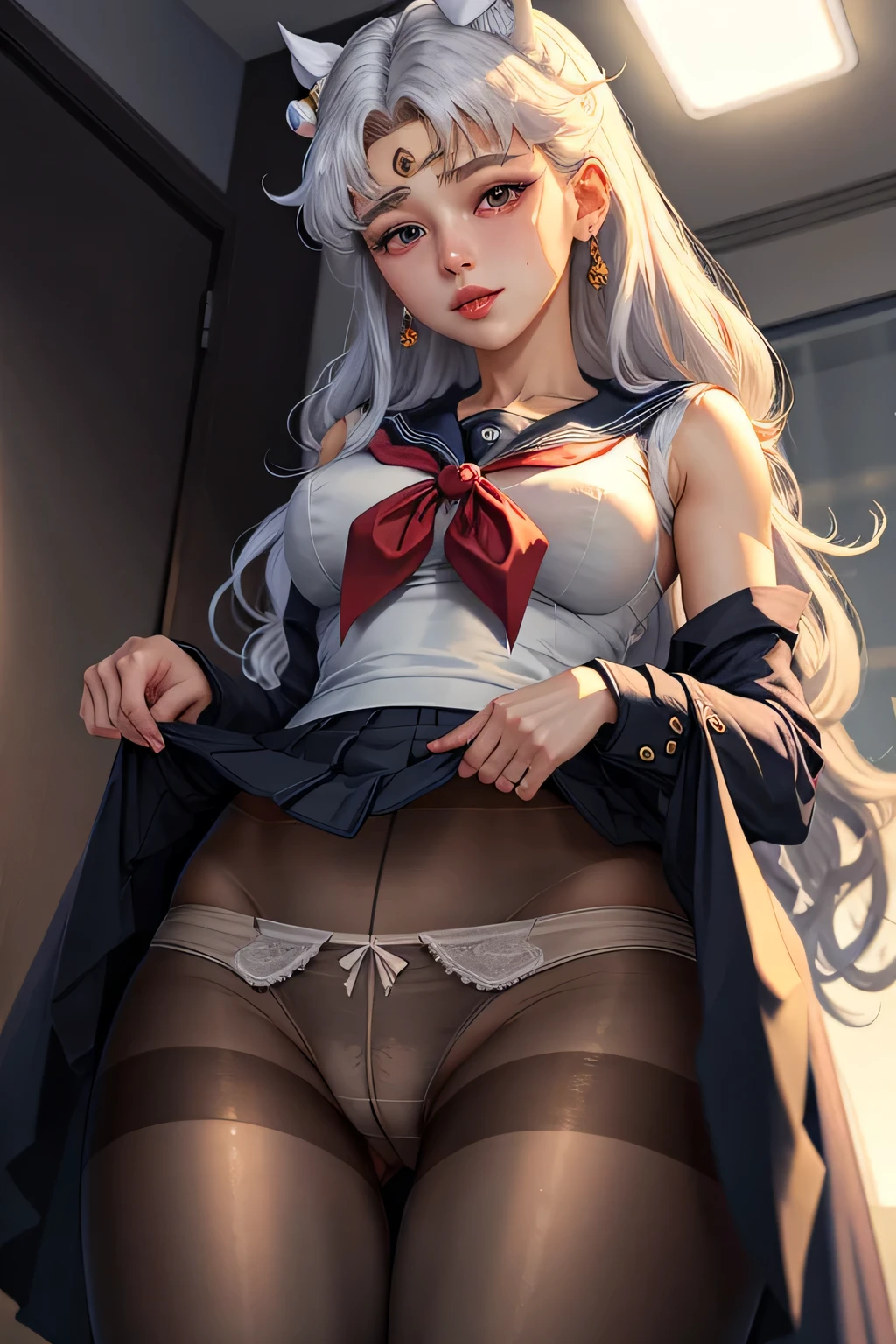 white panties, black tights, Skirt lift, In the style of Sailor Moon