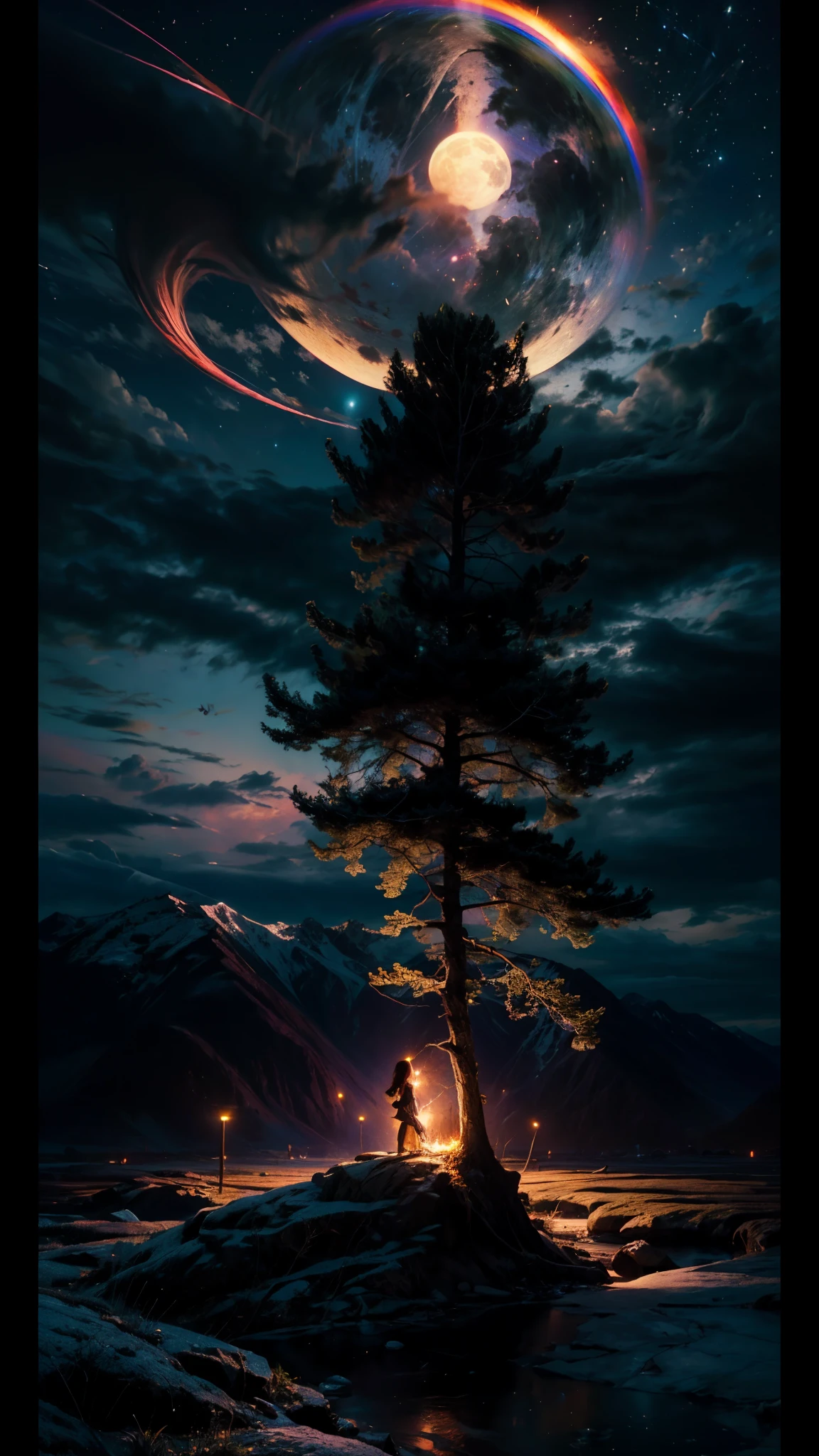 vast landscape photography, (seen from below, the sky is above、the fields are below), A girl standing in a flower field and looking up, (full moon: 1.2), (meteor: 0.9), (nebula: 1.3), distant mountain々 , tree BREAK craft art, (warm light: 1.2), (fire Fly: 1.2), light, lots of purple and orange, intricate details, volume lighting, Realism BREAK (masterpiece: 1.2), (highest quality), 4k, super detailed, (dynamic composition: 1.4), very detailed, colorful details, (Rainbow-colored: 1.2), (glow lighting, atmosphere lighting), dream-like, Magic, (alone: 1.2)