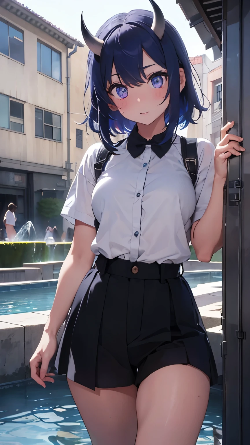 1 girl ,(big Stigmata), non binary, androgynous, School courtyard, (floating hair), ((in courtyard fountain)), character focus, ((black light)),((dark lighting)), cinematic lighting ,(darkness), (concept art), ((lustful face)), blue short straight hair, light blue hair color, dragonoid girl, short, short blue hairy, glowing bluish-purple horns, bluey-purple eye color, (glowing eyes), high resolution,(incredibly absurdres) ,extremely detailed CG unity 8k wallpaper, ((masterpiece)), ((top-quality)), (beautiful illustration), ((an extremely delicate and beautiful)), (masterpiece, Best quality, ultra high resolution), 1 girl, pale skin, Black Crown, purple eyes, Luminous_eyes, neon blue eyes, ultra detailed eyes, Beautiful and detailed face, detailed eyes, (Centered, torso), (wide shot:0.9), facing the viewer, Eye level, flat chested, flat chest, cup size AAA, Wearing black cargo shorts, sharp horns, blue horns on top of head, sexy, sexy pose, blushing