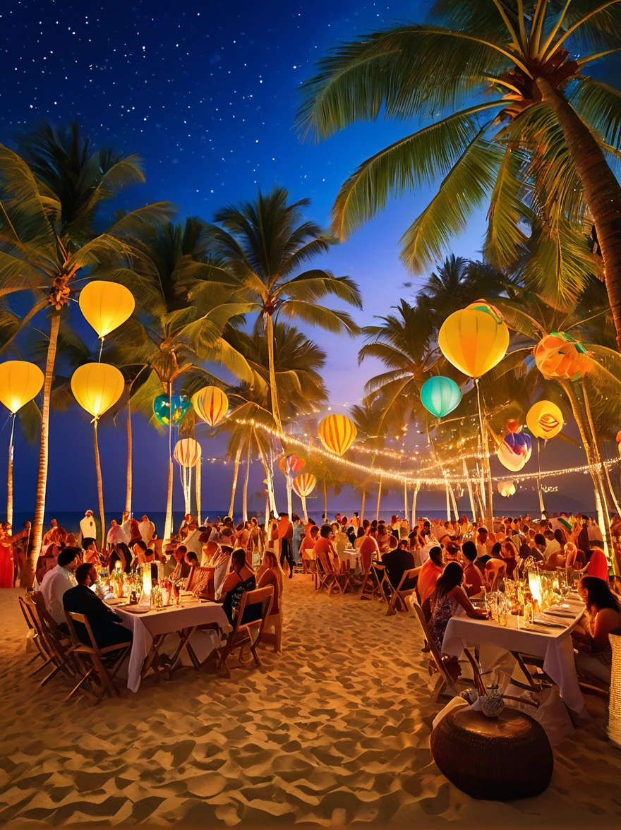  ((Night, under the stars))，A luxurious and joyous beach under the sky, where the golden sands meet the azure sea. The scene is set with opulent decorations, shimmering lights, and vibrant balloons. Guests are seen enjoying themselves, with some lounging in chic beach chairs, others dancing freely on the sand, and a few indulging in extravagant beachside cocktails. The atmosphere is electrified with live music, a DJ spinning upbeat tracks on a stage adorned with tropical flowers, This setting captures the essence of a lavish celebration, blending the natural beauty of the beach with the exhilaration of a festive gathering。it sparks our imagination，Let us be immersed in this dreamlike artistic conception，magical atmosphere，happy and peaceful scene，Surreal and ethereal colors，texture landscape，otherworldly environment，beautiful scenery，Hazy and mysterious atmosphere，dramatic light and shadow，A thrilling sense of adventure，Amazing natural wonders，Grandeur and sense of scale，Explore endless possibilities