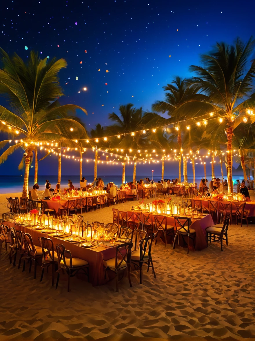 ((Night, under the stars))，A luxurious and joyous beach under the sky, where the golden sands meet the azure sea. The scene is set with opulent decorations, shimmering lights, and vibrant balloons. Guests are seen enjoying themselves, with some lounging in chic beach chairs, others dancing freely on the sand, and a few indulging in extravagant beachside cocktails. The atmosphere is electrified with live music, a DJ spinning upbeat tracks on a stage adorned with tropical flowers, This setting captures the essence of a lavish celebration, blending the natural beauty of the beach with the exhilaration of a festive gathering。it sparks our imagination，Let us be immersed in this dreamlike artistic conception，magical atmosphere，happy and peaceful scene，Surreal and ethereal colors，texture landscape，otherworldly environment，beautiful scenery，Hazy and mysterious atmosphere，dramatic light and shadow，A thrilling sense of adventure，Amazing natural wonders，Grandeur and sense of scale，Explore endless possibilities