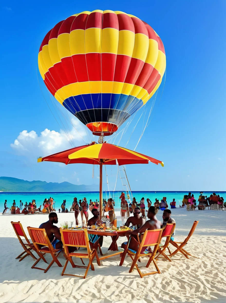 luxurious, Haitian Beach , Soft white sand, Velvet carpet, Exquisite dining table, Delicious food, Crystal cups, Champagne, Huafu, Handsome men and beautiful women, hot air balloon, colorful, fountain, water column, rainbow, model, swimsuit, band, Beach Volleyball, Beach soccer, amusement rides, imagination, vacation spot