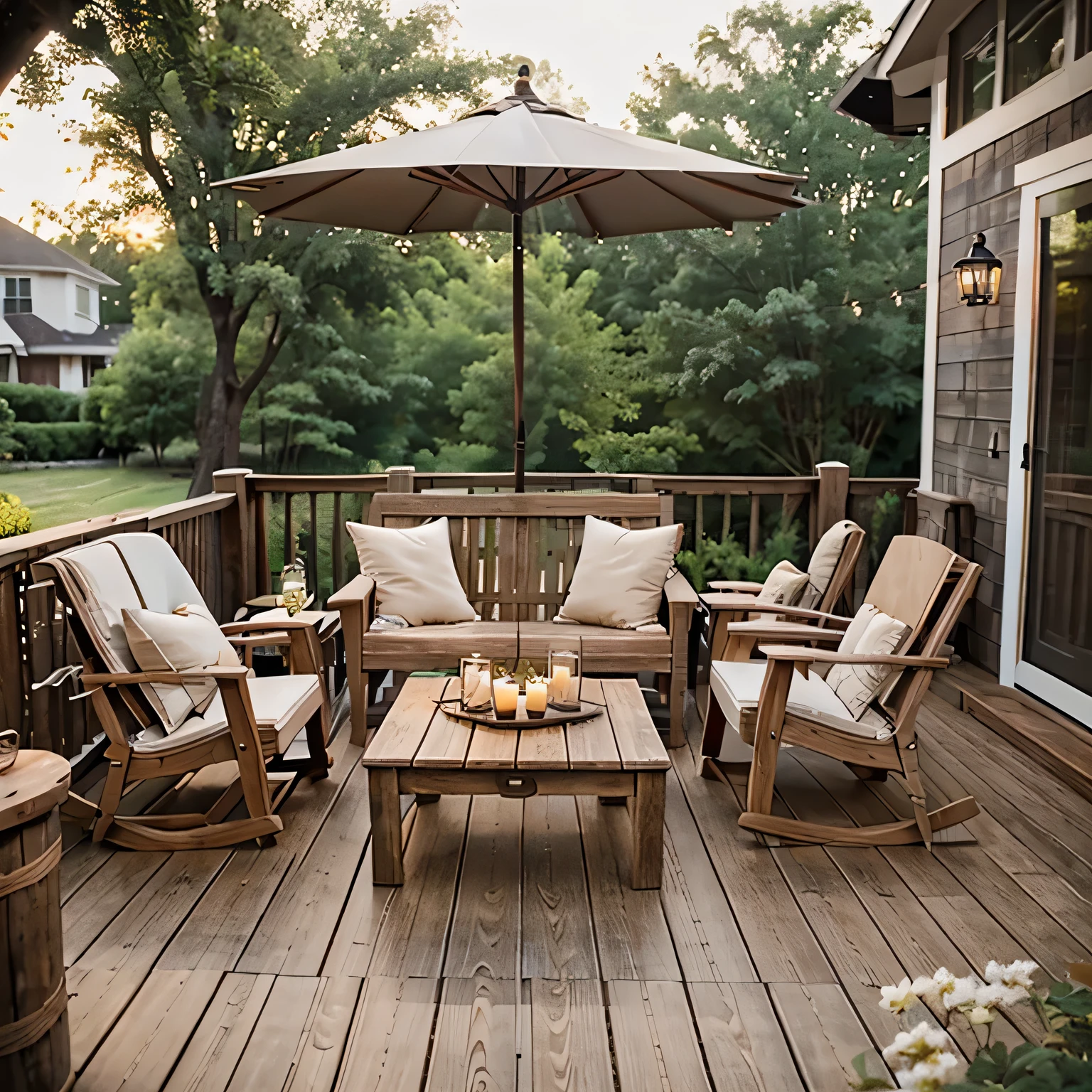 Creating Serene Outdoor Spaces: Exploring Rustic Farmhouse Patio Wooden deck with Adirondack chairs and wicker furniture