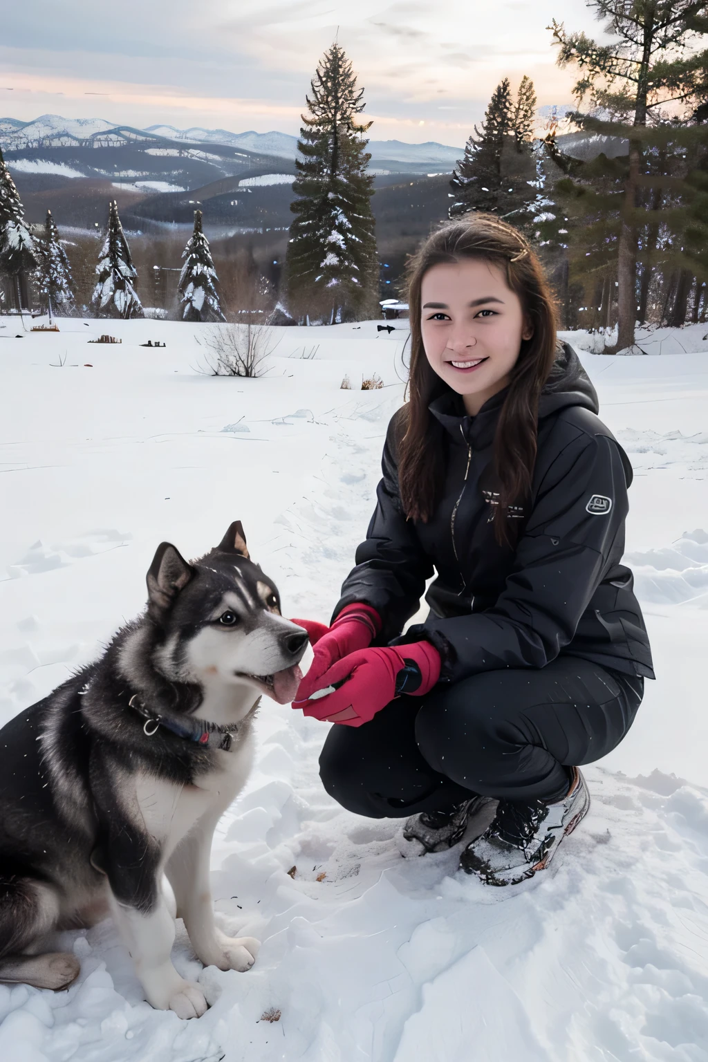 15-year-old girl, and a husky, On the snow, snow mountains, ln the forest.