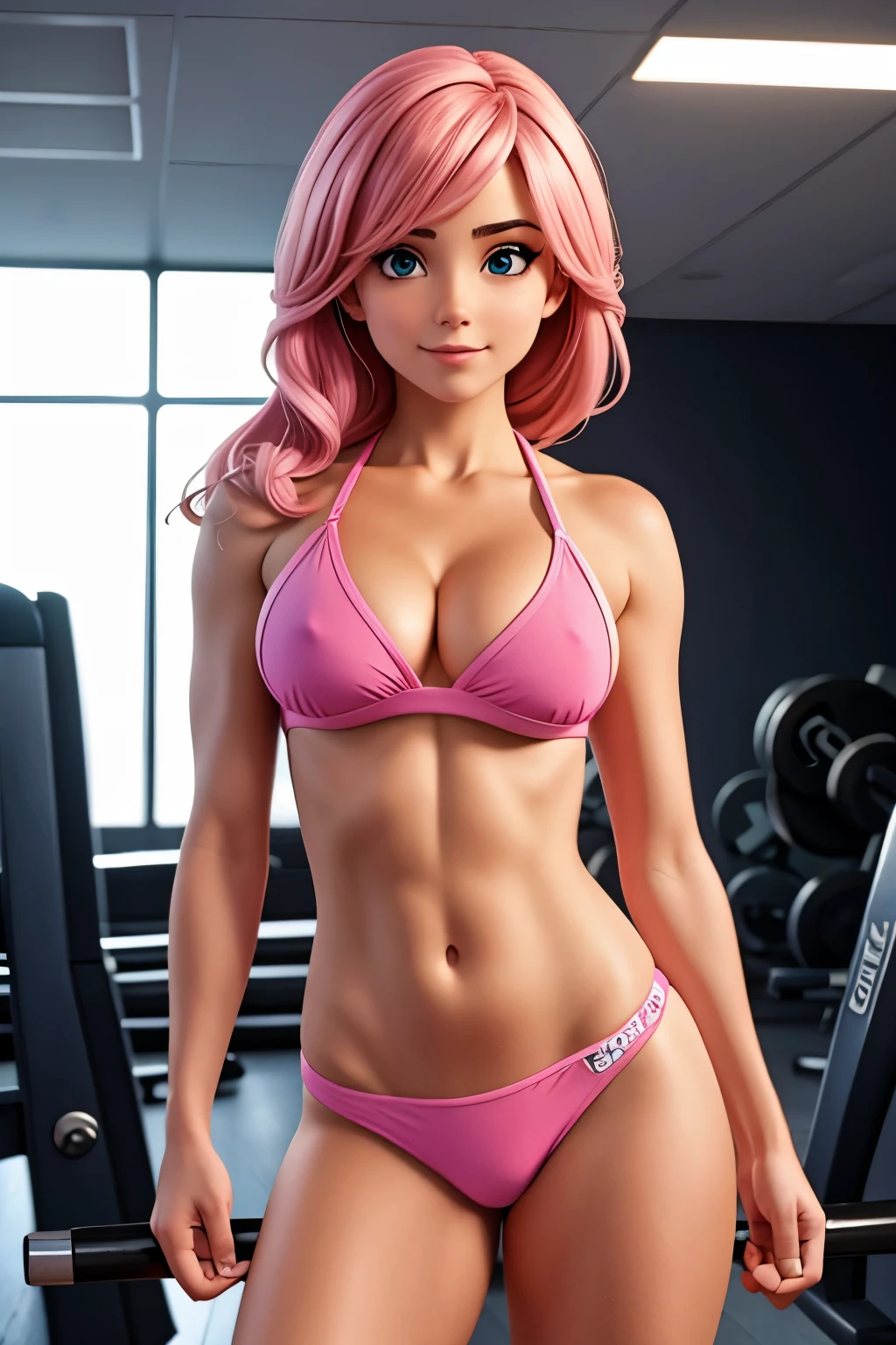 Uma garota sexy com cabelos castanhos, ela tem os maiores peitos do mundo, she is at the gym, wearing a small pink bikini