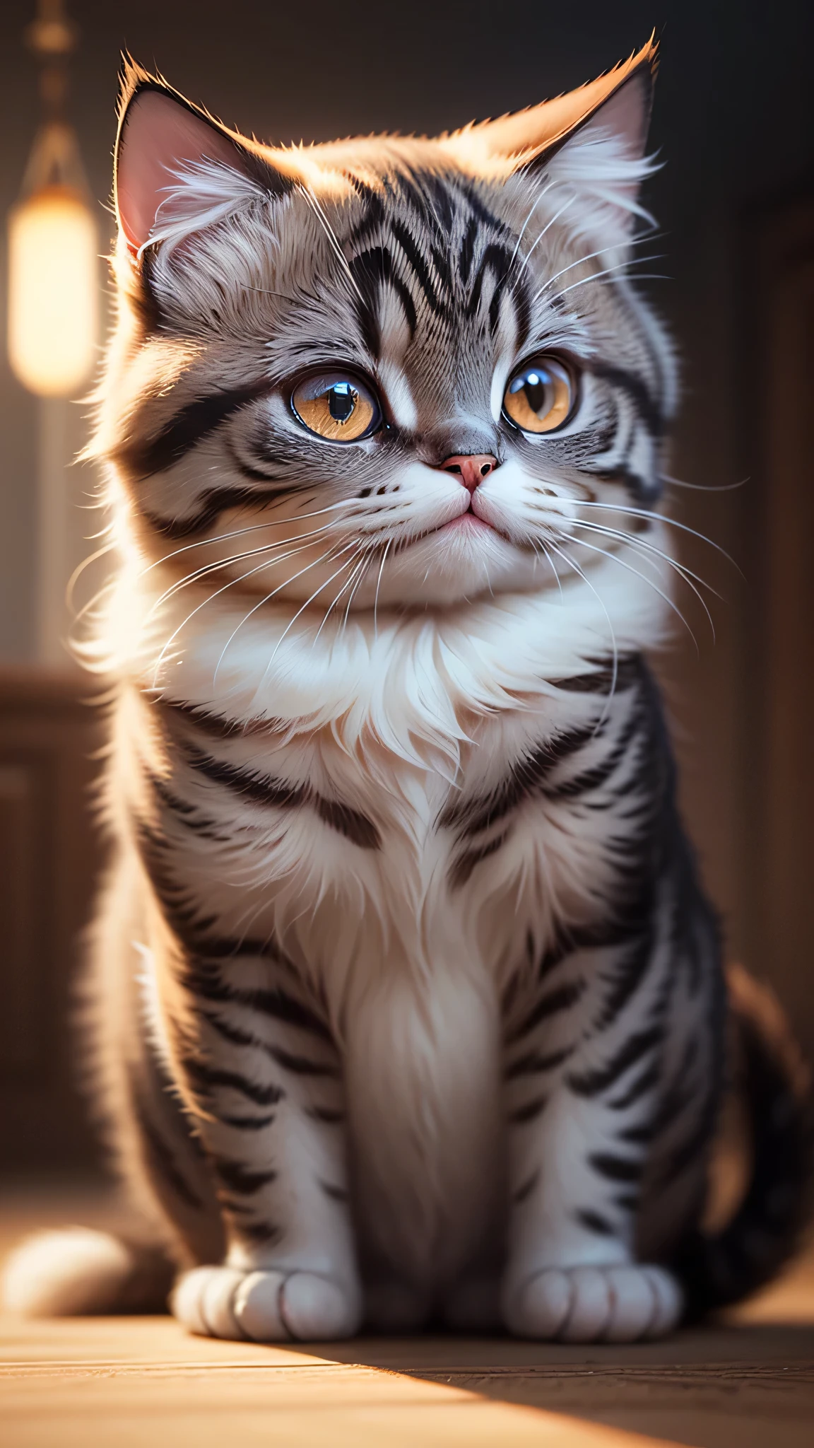 cute little surreal cat、scottish fold、droopy ears、Little、adorable fluffy、cinematic lighting effects、Charming、very cute、fantasy art、Bokeh、digital painting、soft lighting、4K resolution、 photorealistic rendering、very detailed、a realistic masterpiece、professional photography、
